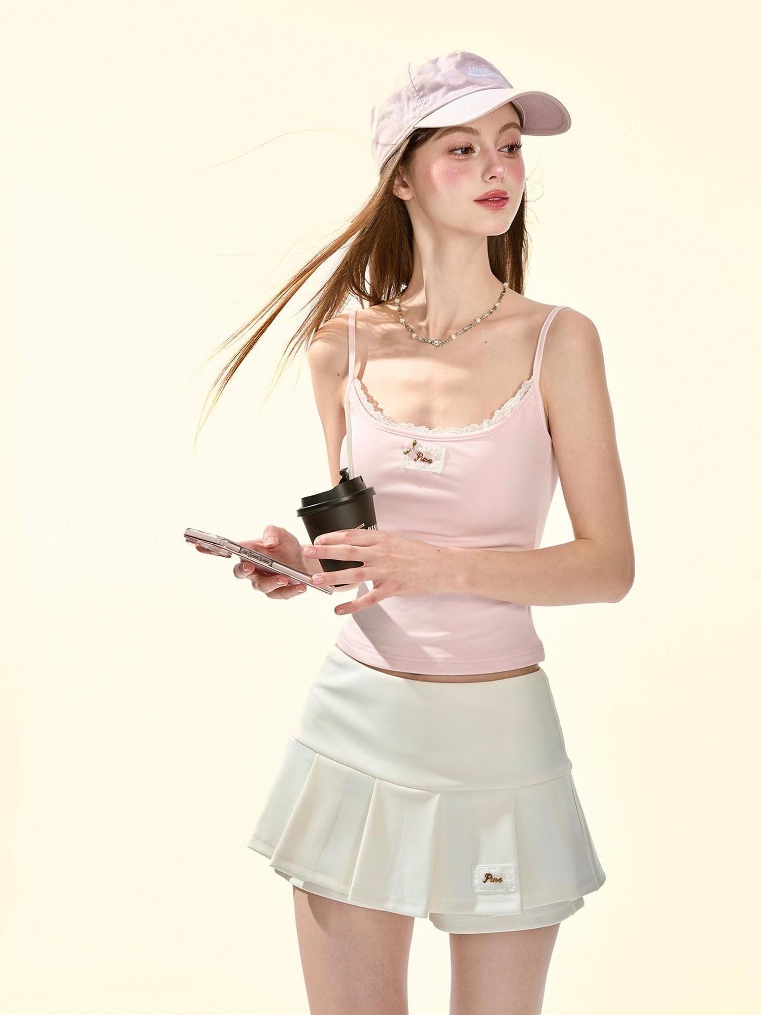 Girly Fancy Club Pastel Pink Applique U Neck Slim Cropped Women's Lyocell Padded Camisoles