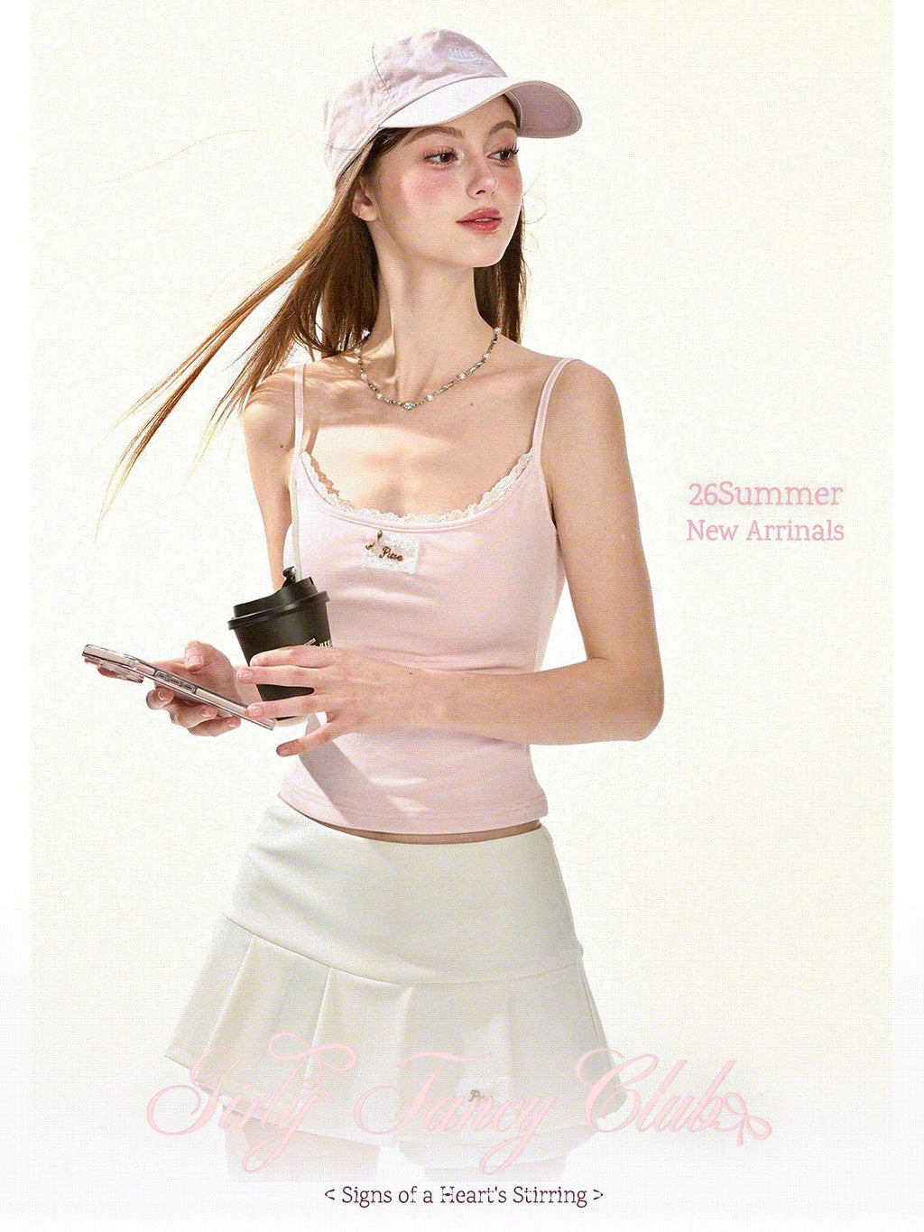 Girly Fancy Club Pastel Pink Applique U Neck Slim Cropped Women's Lyocell Padded Camisoles