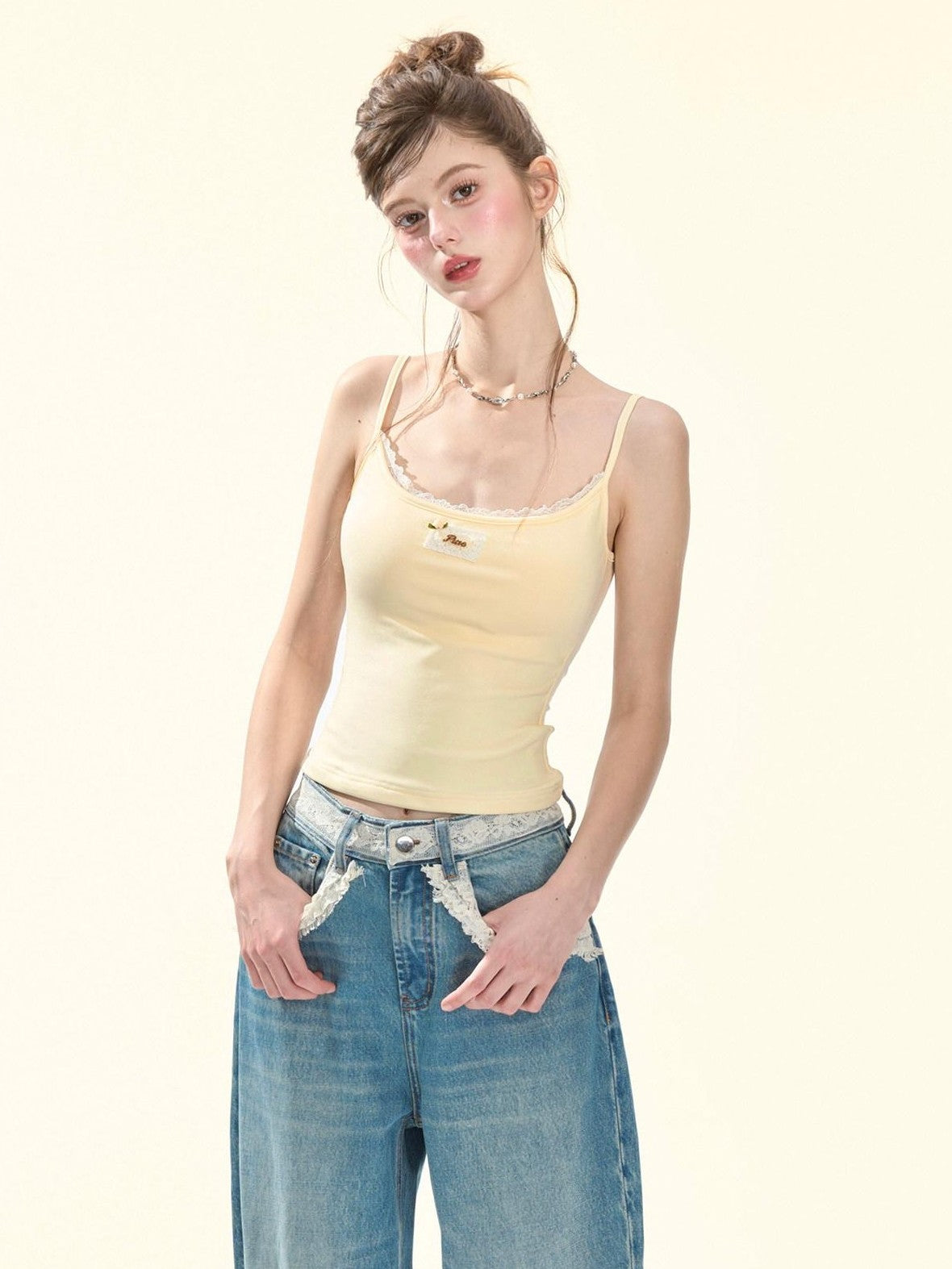Girly Fancy Club Pastel Pink Applique U Neck Slim Cropped Women's Lyocell Padded Camisoles