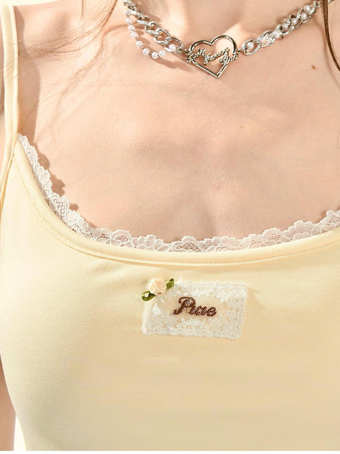 Girly Fancy Club Pastel Pink Applique U Neck Slim Cropped Women's Lyocell Padded Camisoles
