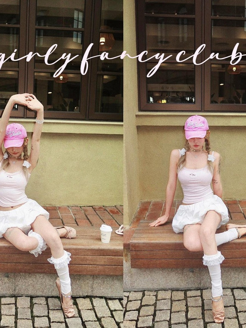 Girly Fancy Club Pastel Pink Applique U Neck Slim Cropped Women's Lyocell Padded Camisoles