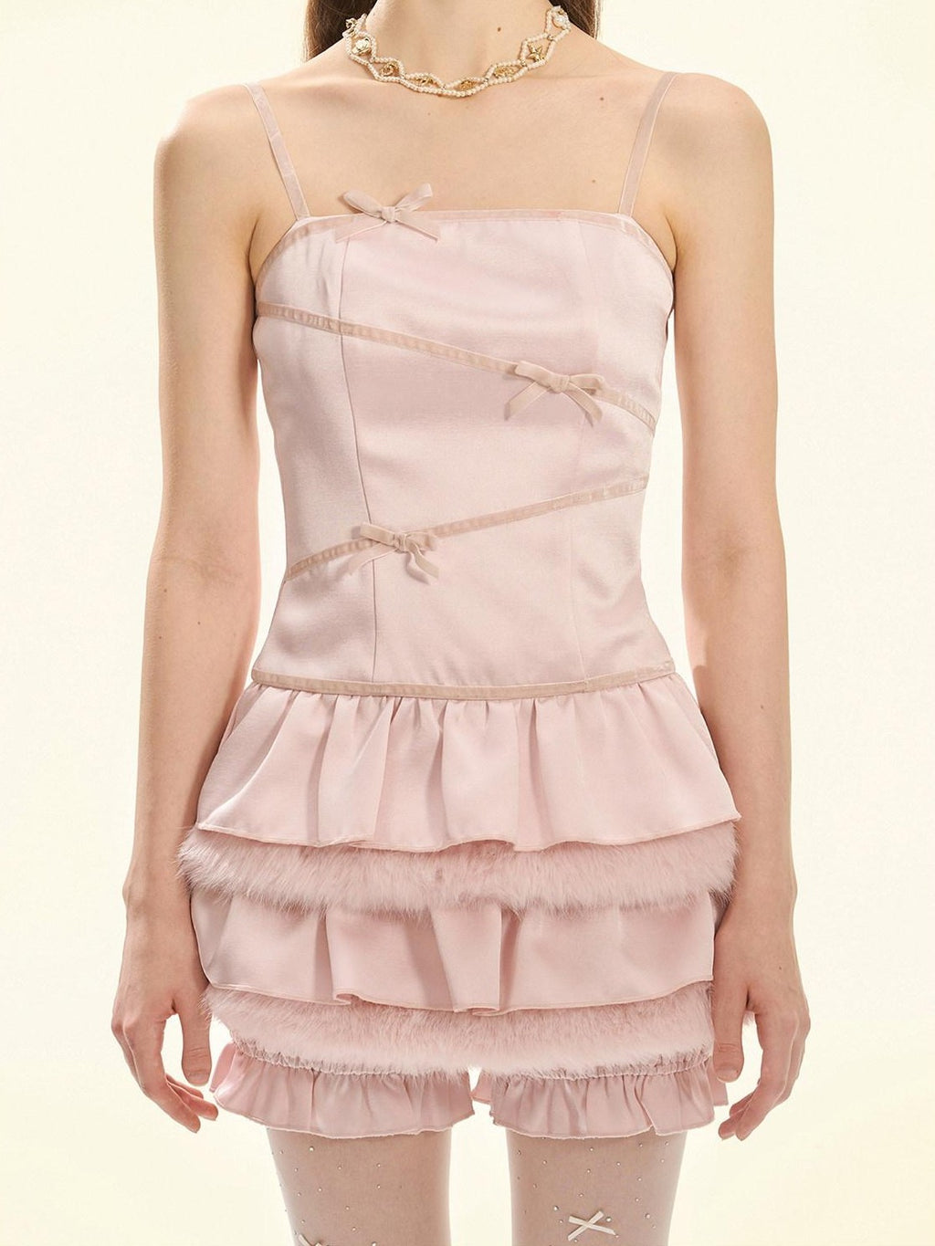 Girly Fancy Club Pearl Pink Fur Trim Double Layer Puff Women's Satin Slip Mini Dresses