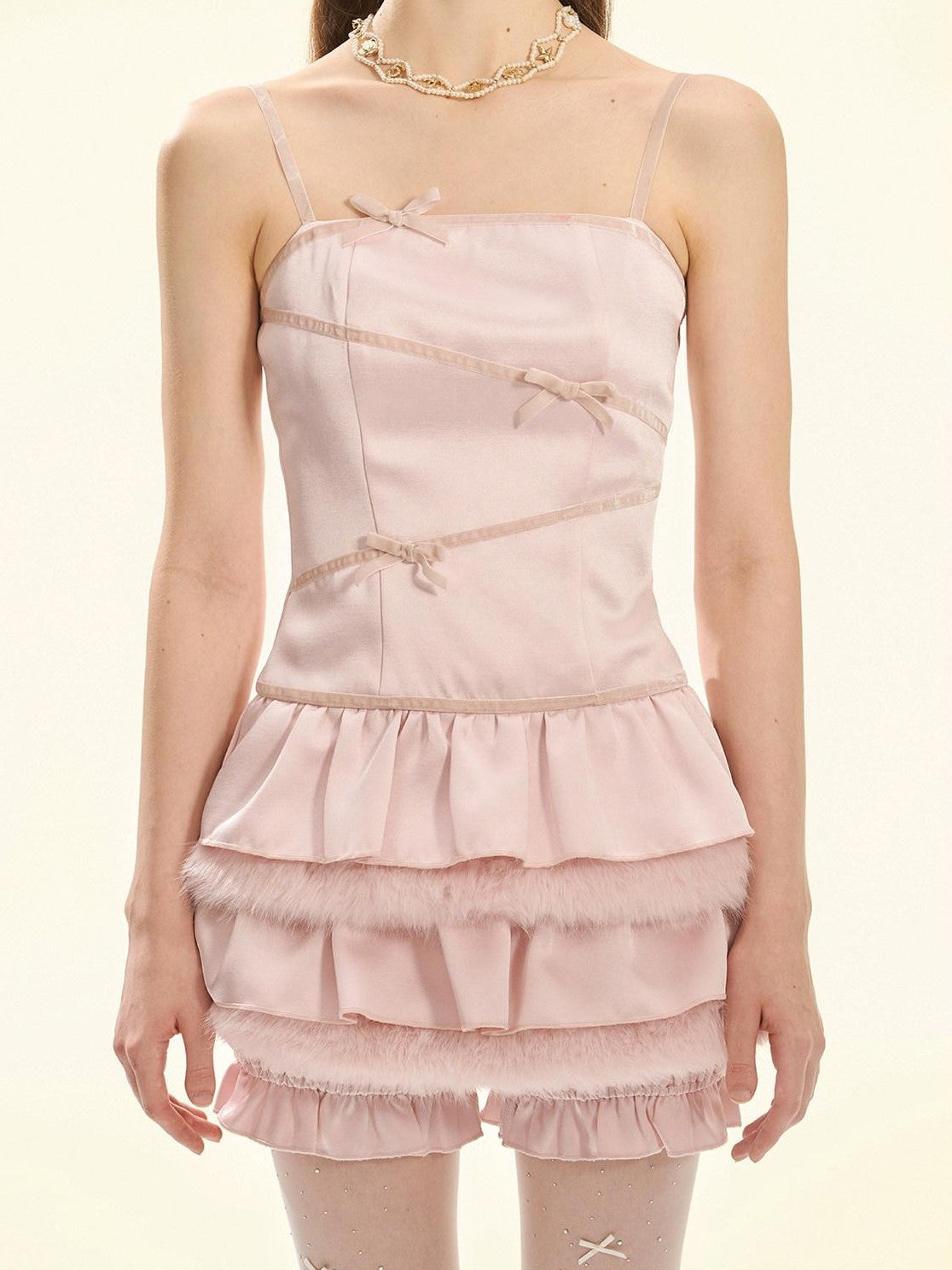 Girly Fancy Club Pearl Pink Fur Trim Double Layer Puff Women's Satin Slip Mini Dresses