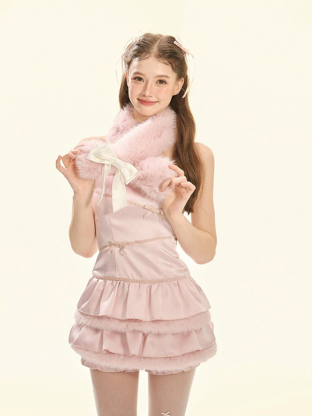 Girly Fancy Club Pearl Pink Fur Trim Double Layer Puff Women's Satin Slip Mini Dresses
