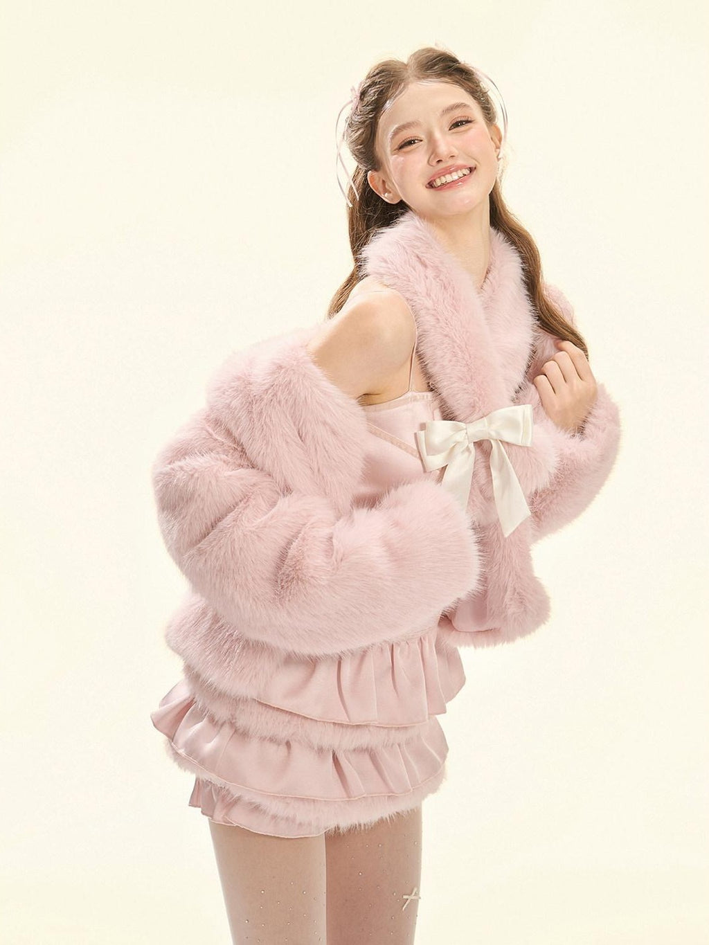 Girly Fancy Club Pearl Pink Fur Trim Double Layer Puff Women's Satin Slip Mini Dresses