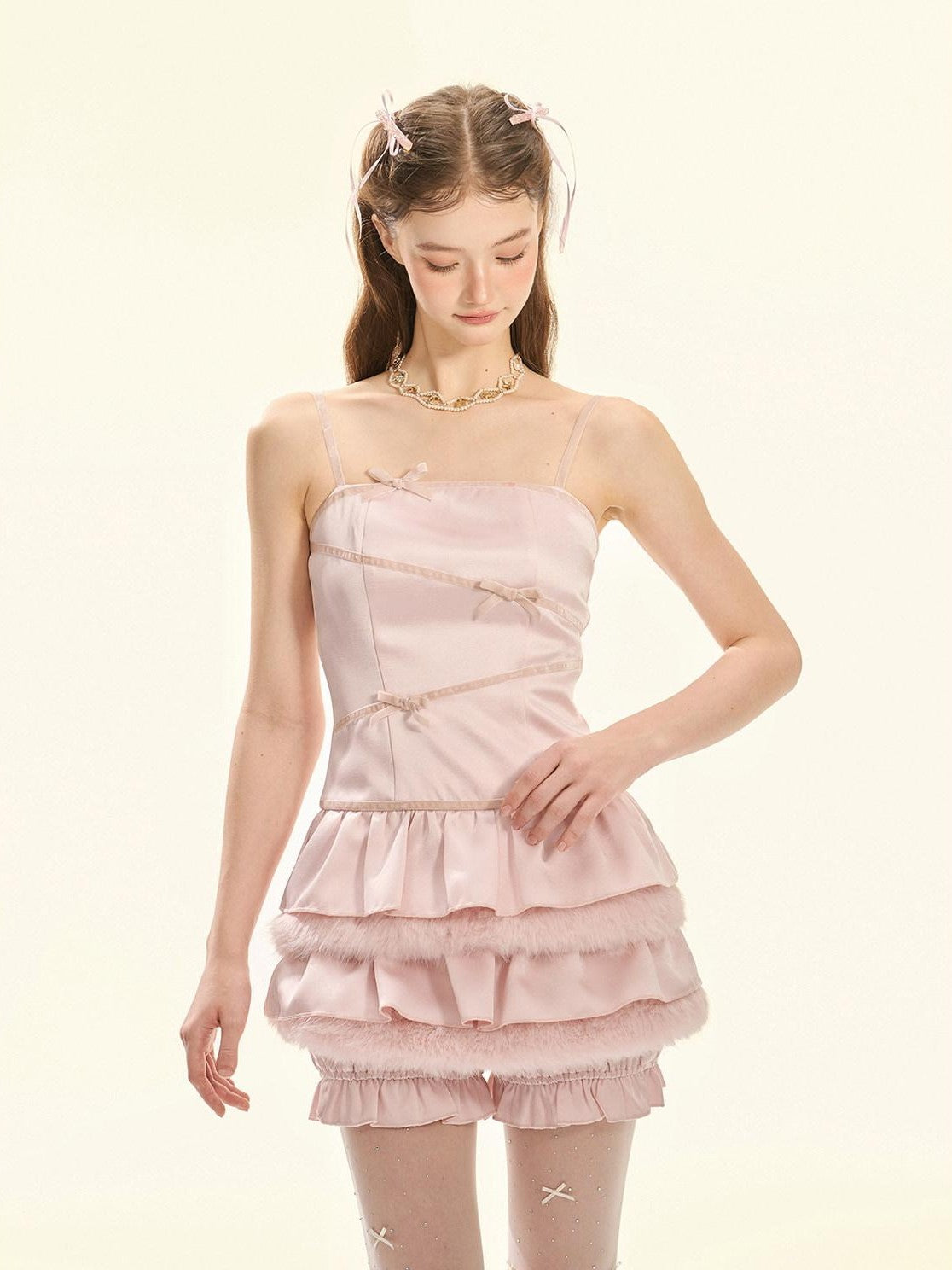 Girly Fancy Club Pearl Pink Fur Trim Double Layer Puff Women's Satin Slip Mini Dresses