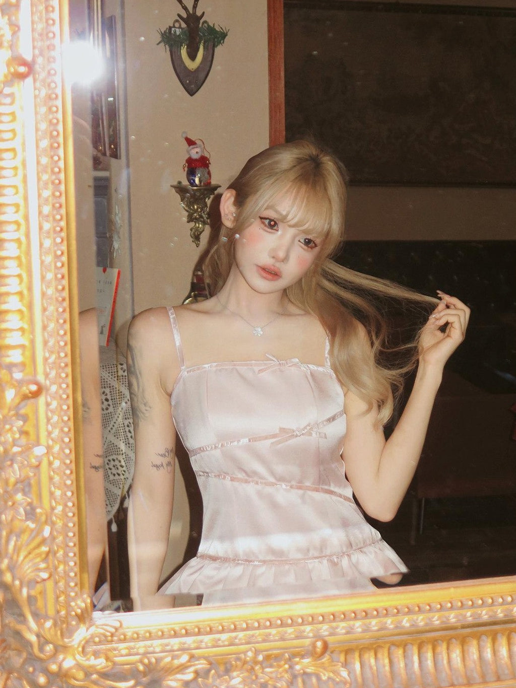 Girly Fancy Club Pearl Pink Fur Trim Double Layer Puff Women's Satin Slip Mini Dresses