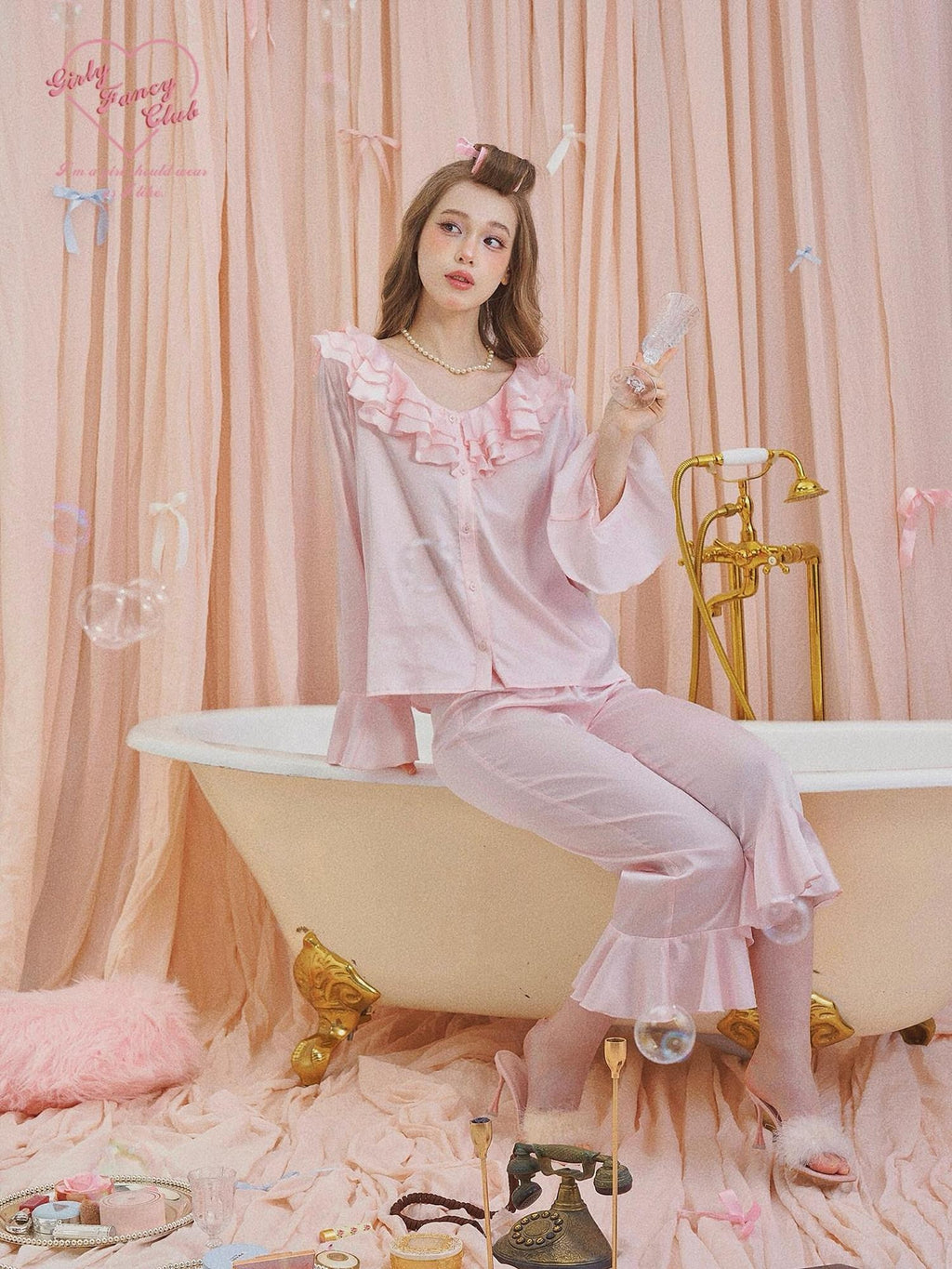 Girly Fancy Club Pearl Pink Ruffle Collar And Sleeves Women's Satin Lounge Top & Pants Sets