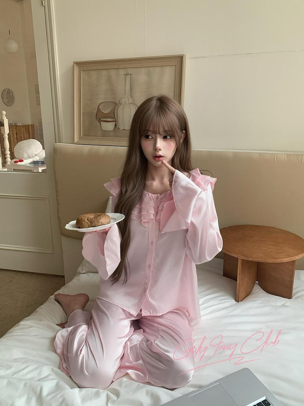 Girly Fancy Club Pearl Pink Ruffle Collar And Sleeves Women's Satin Lounge Top & Pants Sets