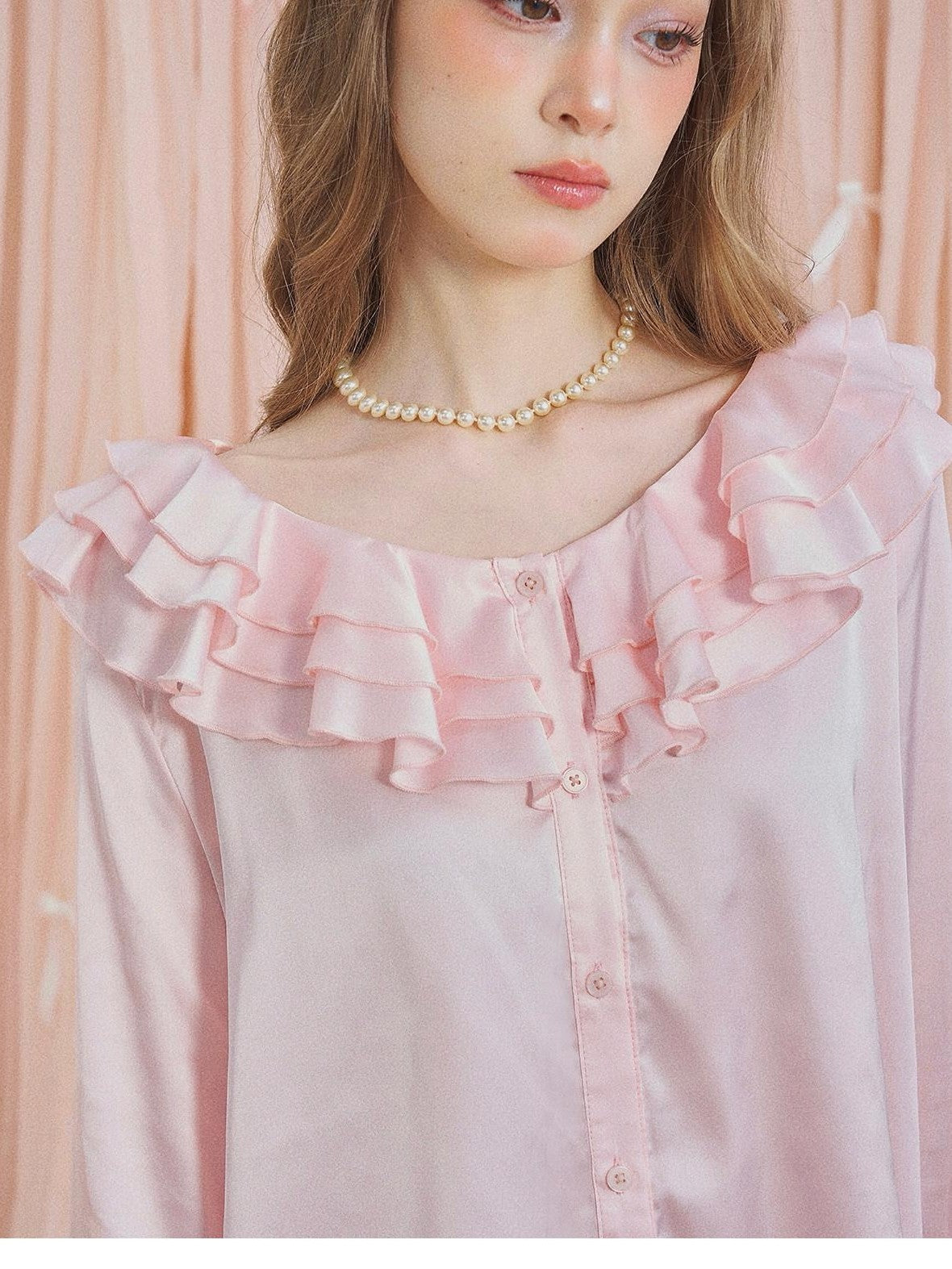 Girly Fancy Club Pearl Pink Ruffle Collar And Sleeves Women's Satin Lounge Top & Pants Sets