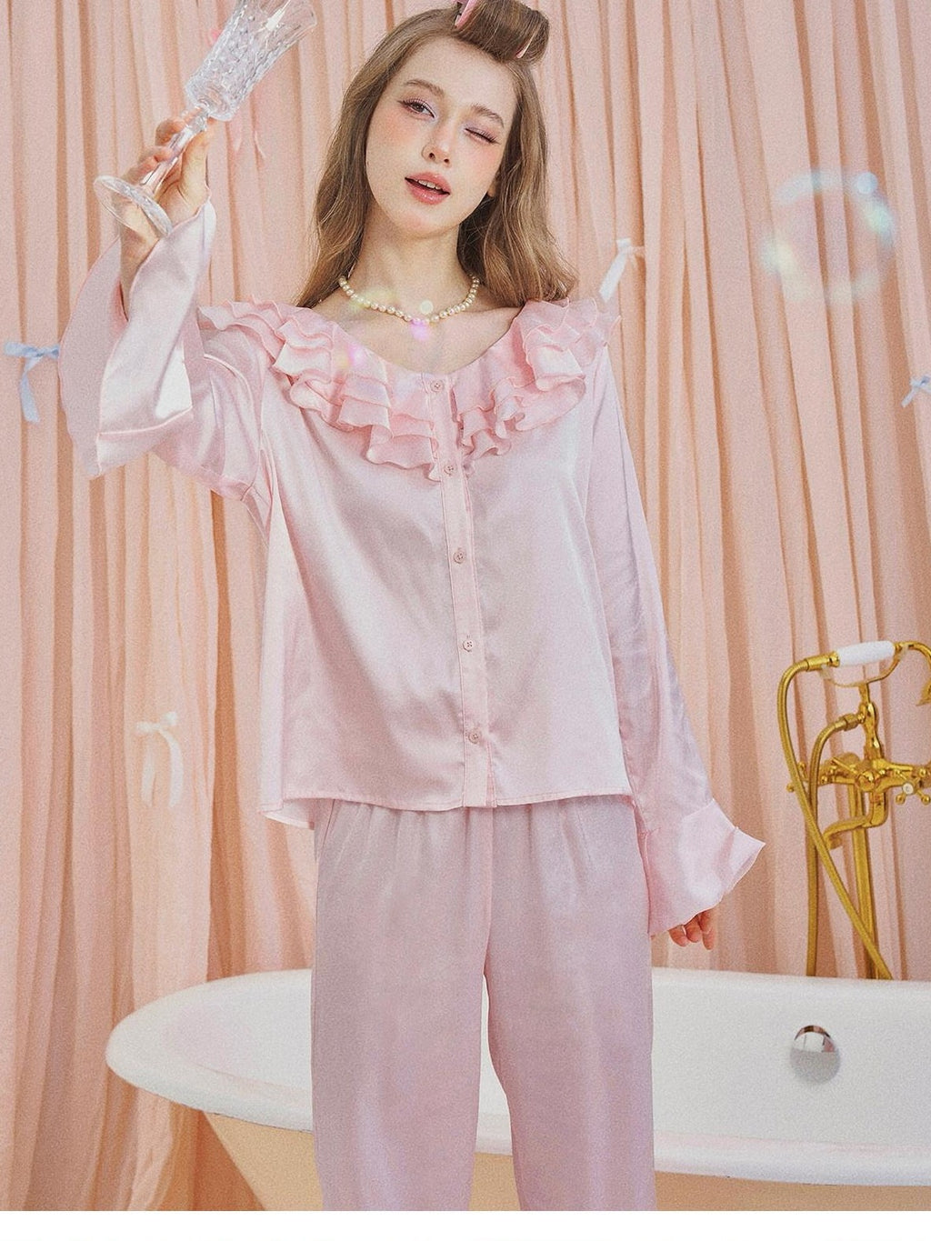 Girly Fancy Club Pearl Pink Ruffle Collar And Sleeves Women's Satin Lounge Top & Pants Sets