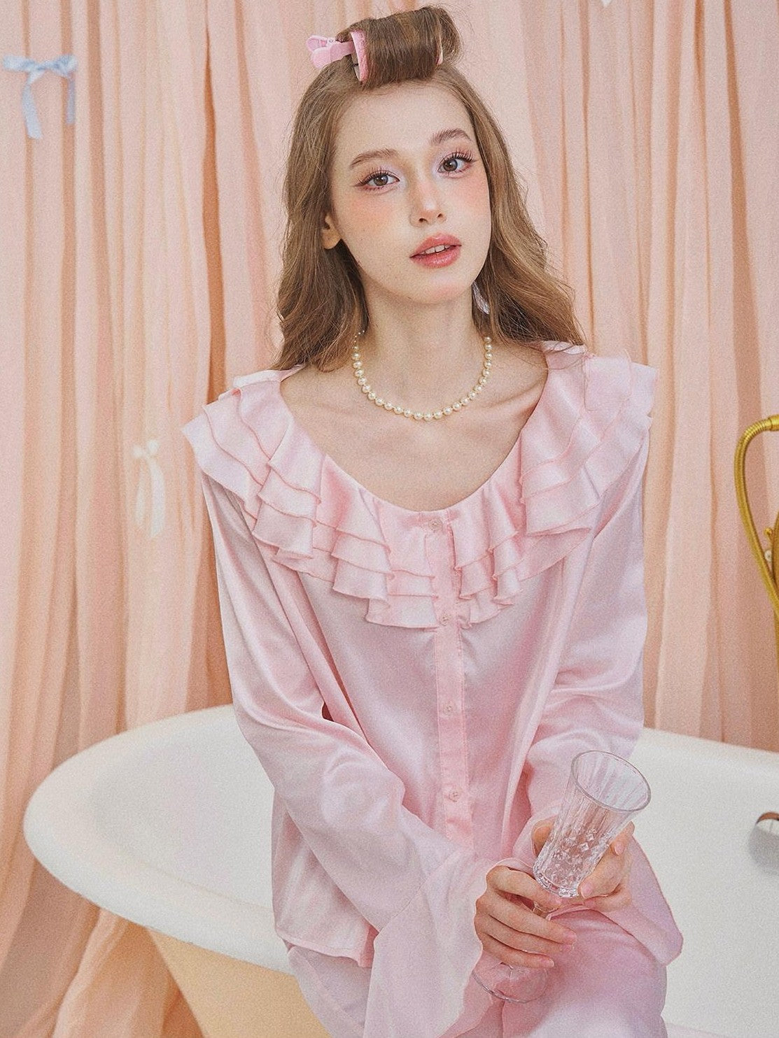 Girly Fancy Club Pearl Pink Ruffle Collar And Sleeves Women's Satin Lounge Top & Pants Sets