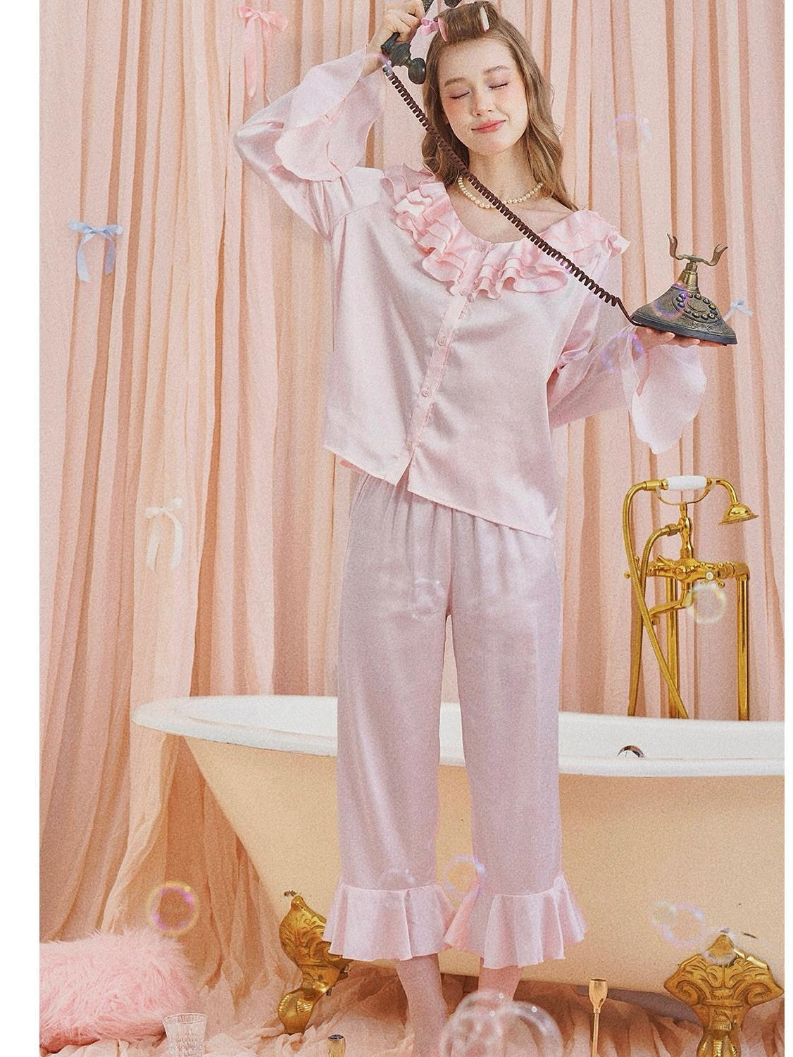 Girly Fancy Club Pearl Pink Ruffle Collar And Sleeves Women's Satin Lounge Top & Pants Sets