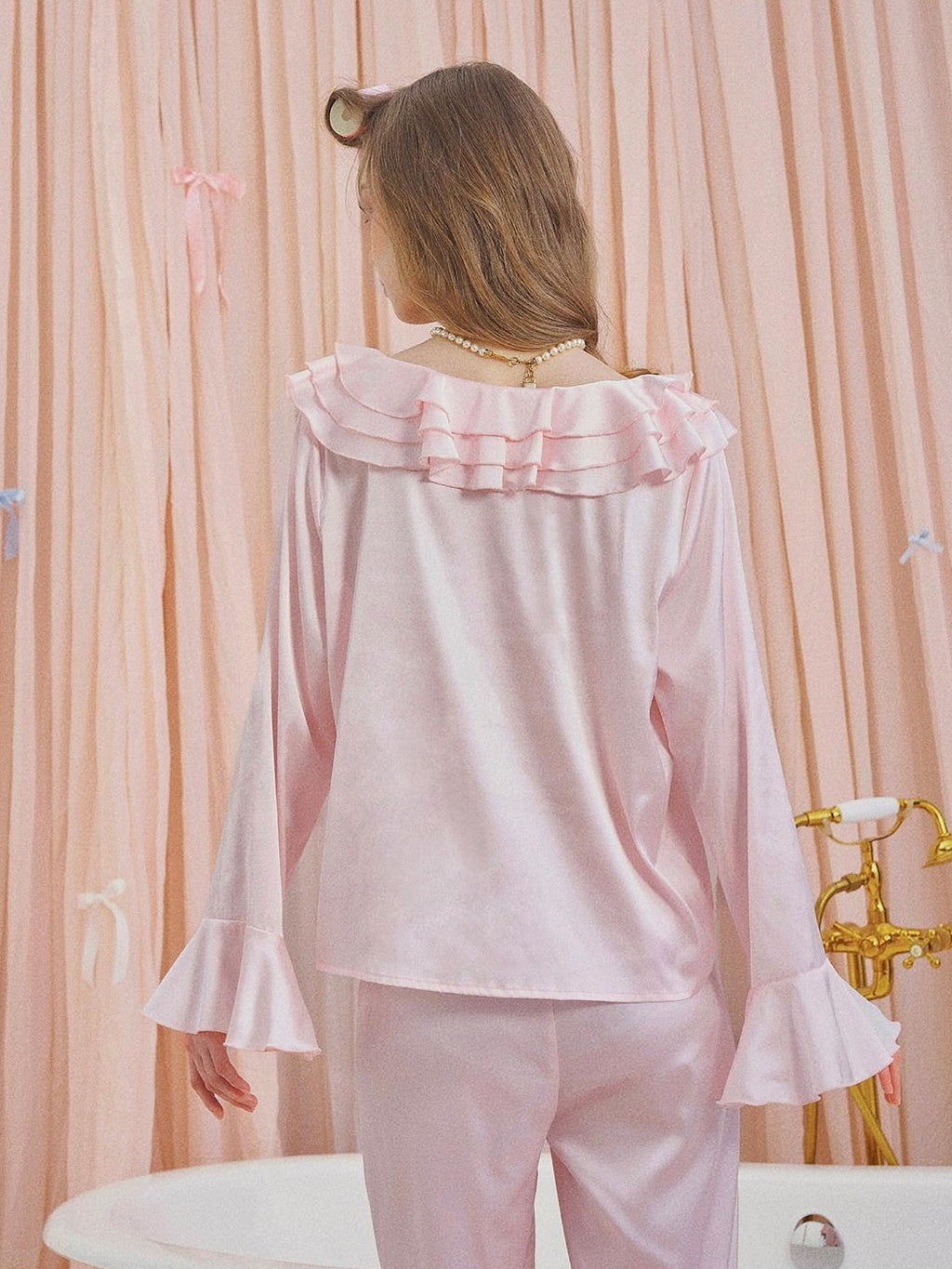 Girly Fancy Club Pearl Pink Ruffle Collar And Sleeves Women's Satin Lounge Top & Pants Sets