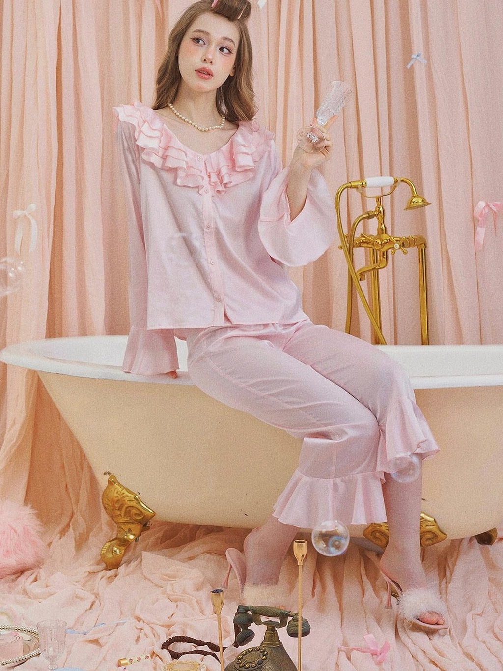 Girly Fancy Club Pearl Pink Ruffle Collar And Sleeves Women's Satin Lounge Top & Pants Sets