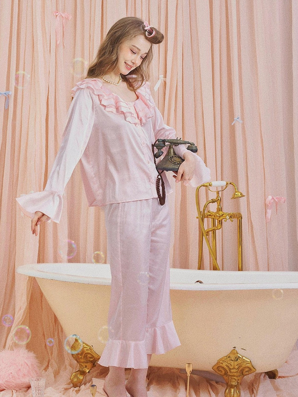 Girly Fancy Club Pearl Pink Ruffle Collar And Sleeves Women's Satin Lounge Top & Pants Sets