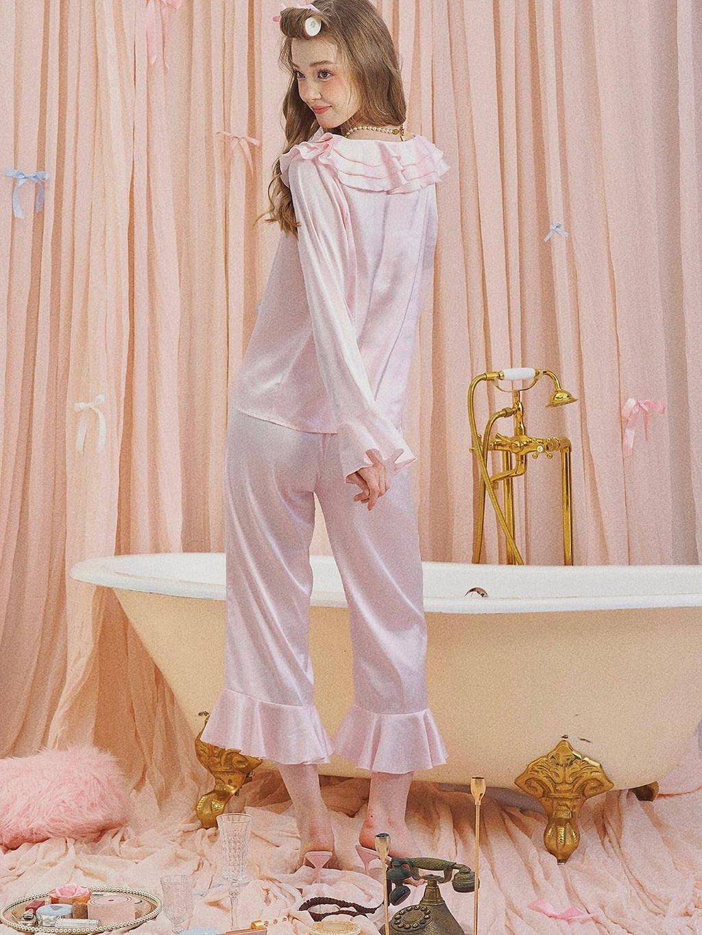 Girly Fancy Club Pearl Pink Ruffle Collar And Sleeves Women's Satin Lounge Top & Pants Sets