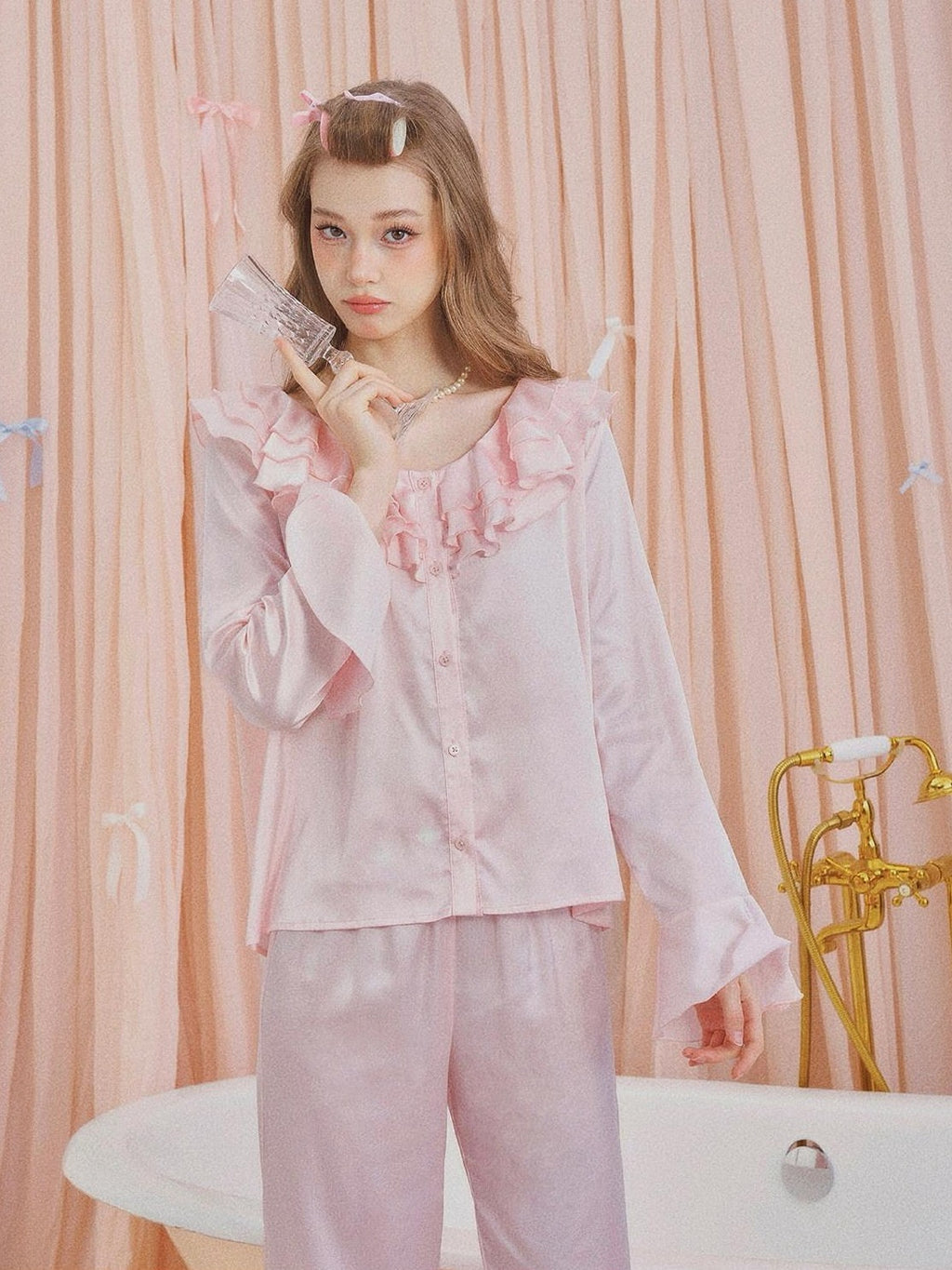Girly Fancy Club Pearl Pink Ruffle Collar And Sleeves Women's Satin Lounge Top & Pants Sets