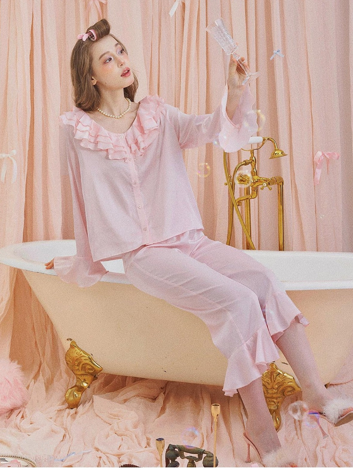 Girly Fancy Club Pearl Pink Ruffle Collar And Sleeves Women's Satin Lounge Top & Pants Sets