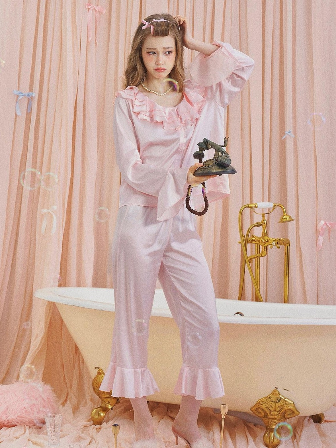 Girly Fancy Club Pearl Pink Ruffle Collar And Sleeves Women's Satin Lounge Top & Pants Sets