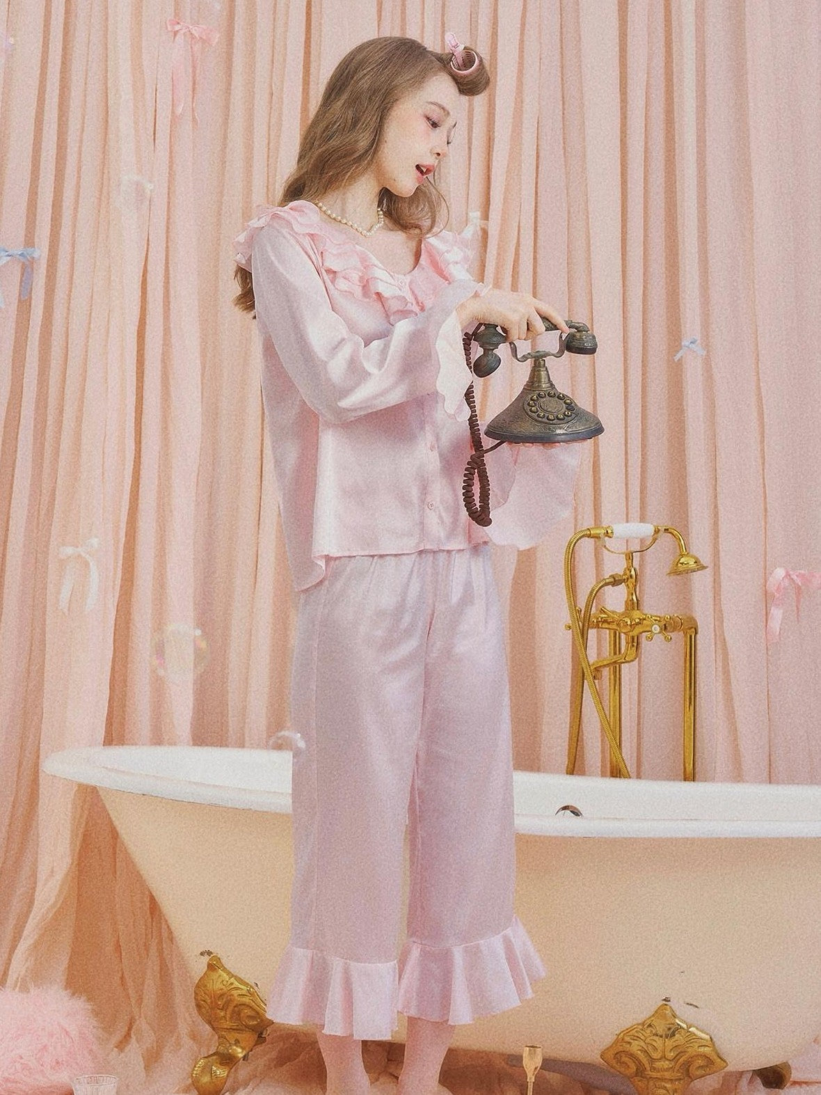 Girly Fancy Club Pearl Pink Ruffle Collar And Sleeves Women's Satin Lounge Top & Pants Sets