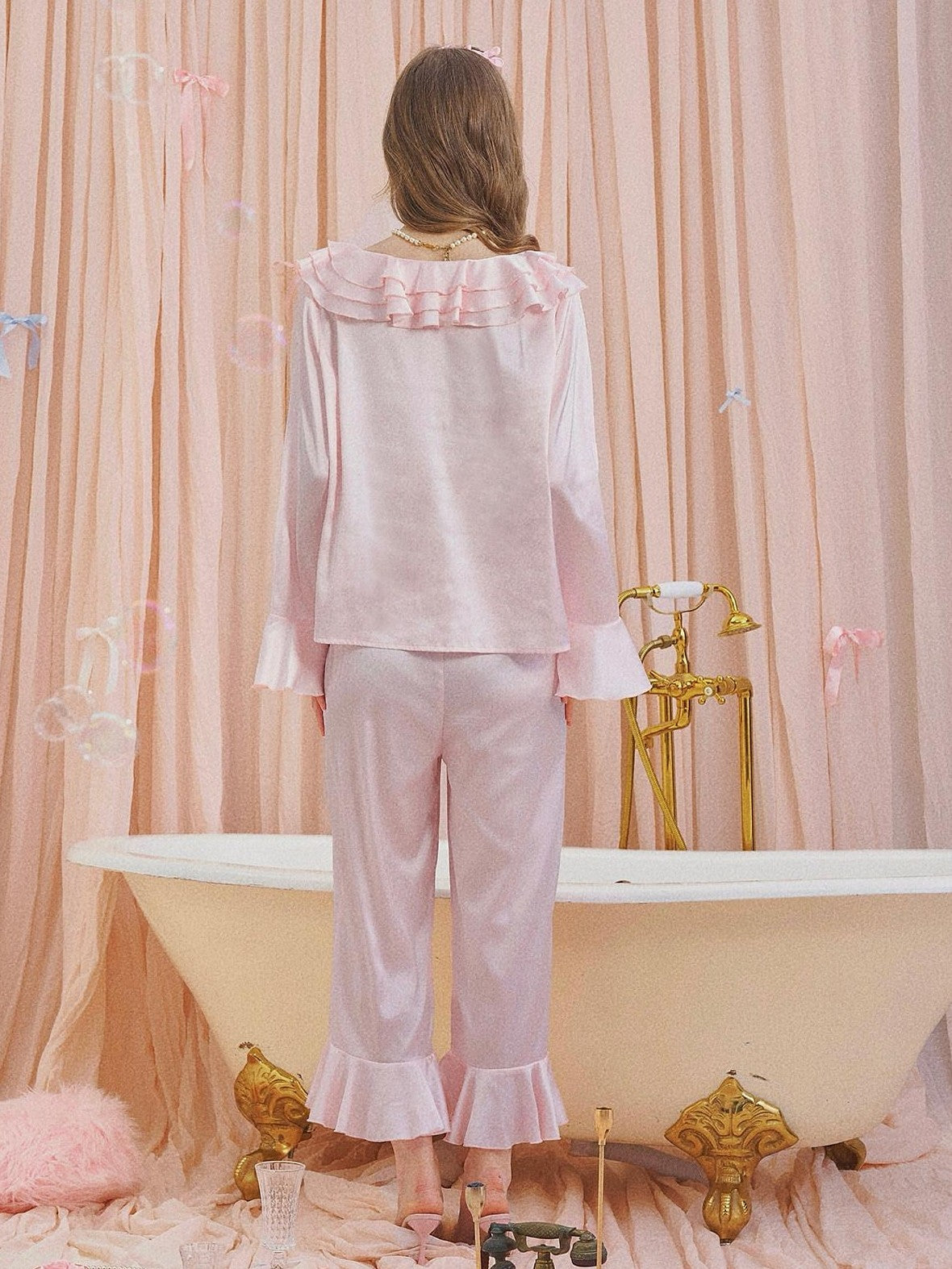Girly Fancy Club Pearl Pink Ruffle Collar And Sleeves Women's Satin Lounge Top & Pants Sets