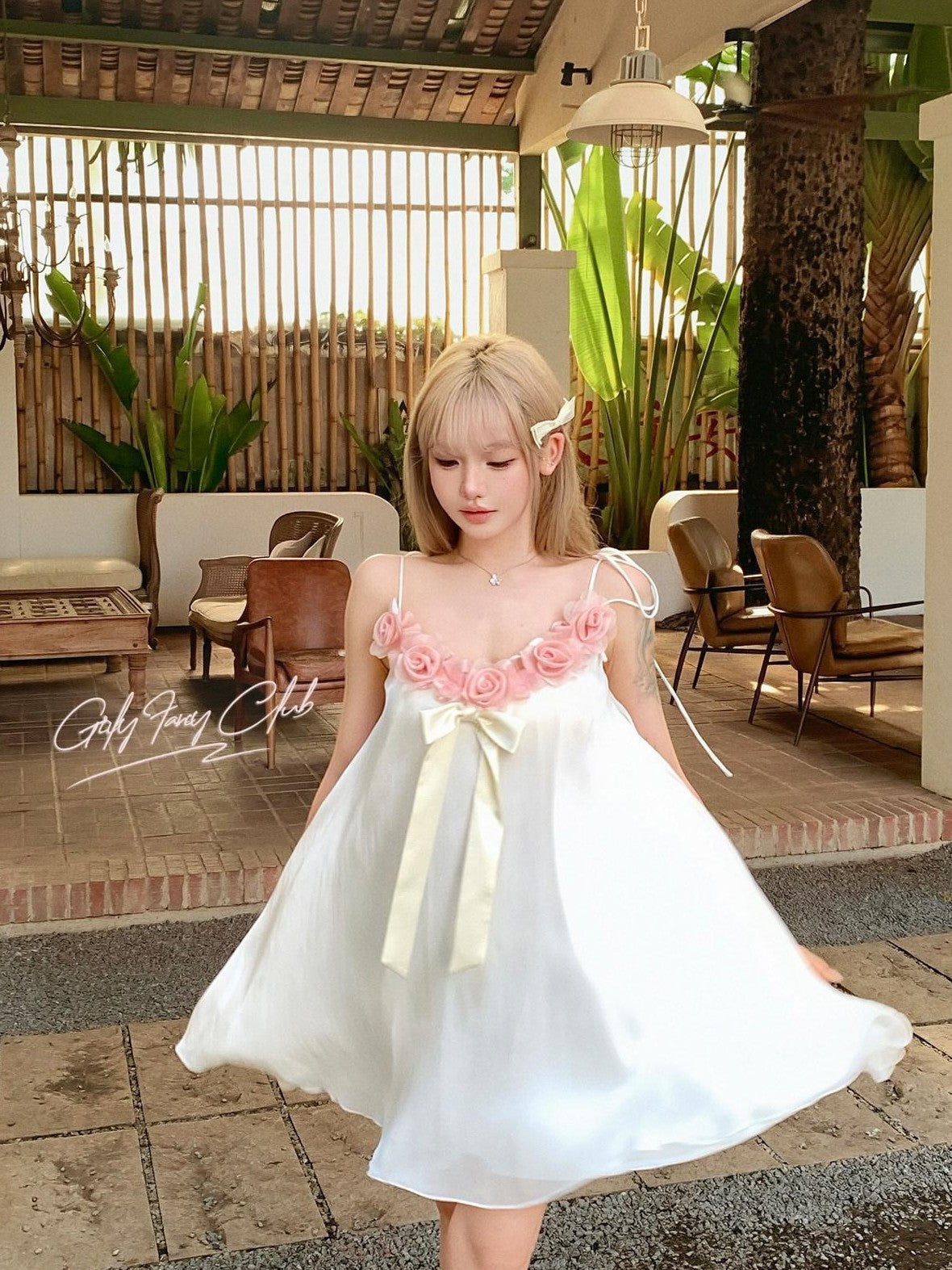 Girly Fancy Club Pearl White 3d Rose Fixed Floral Ribbon A Line Women's Chiffon Slip Mini Dresses