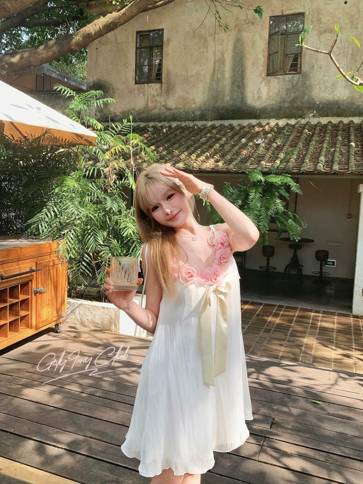 Girly Fancy Club Pearl White 3d Rose Fixed Floral Ribbon A Line Women's Chiffon Slip Mini Dresses