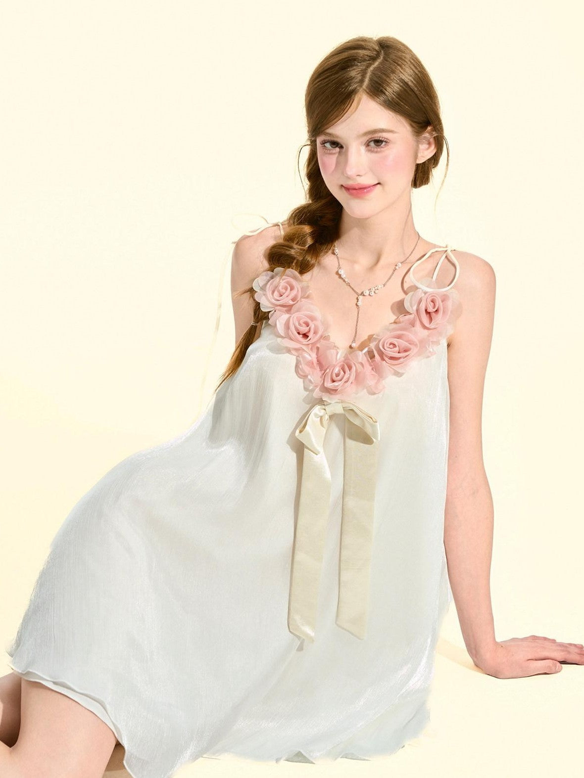 Girly Fancy Club Pearl White 3d Rose Fixed Floral Ribbon A Line Women's Chiffon Slip Mini Dresses