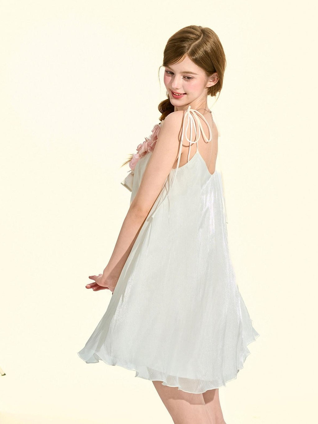 Girly Fancy Club Pearl White 3d Rose Fixed Floral Ribbon A Line Women's Chiffon Slip Mini Dresses