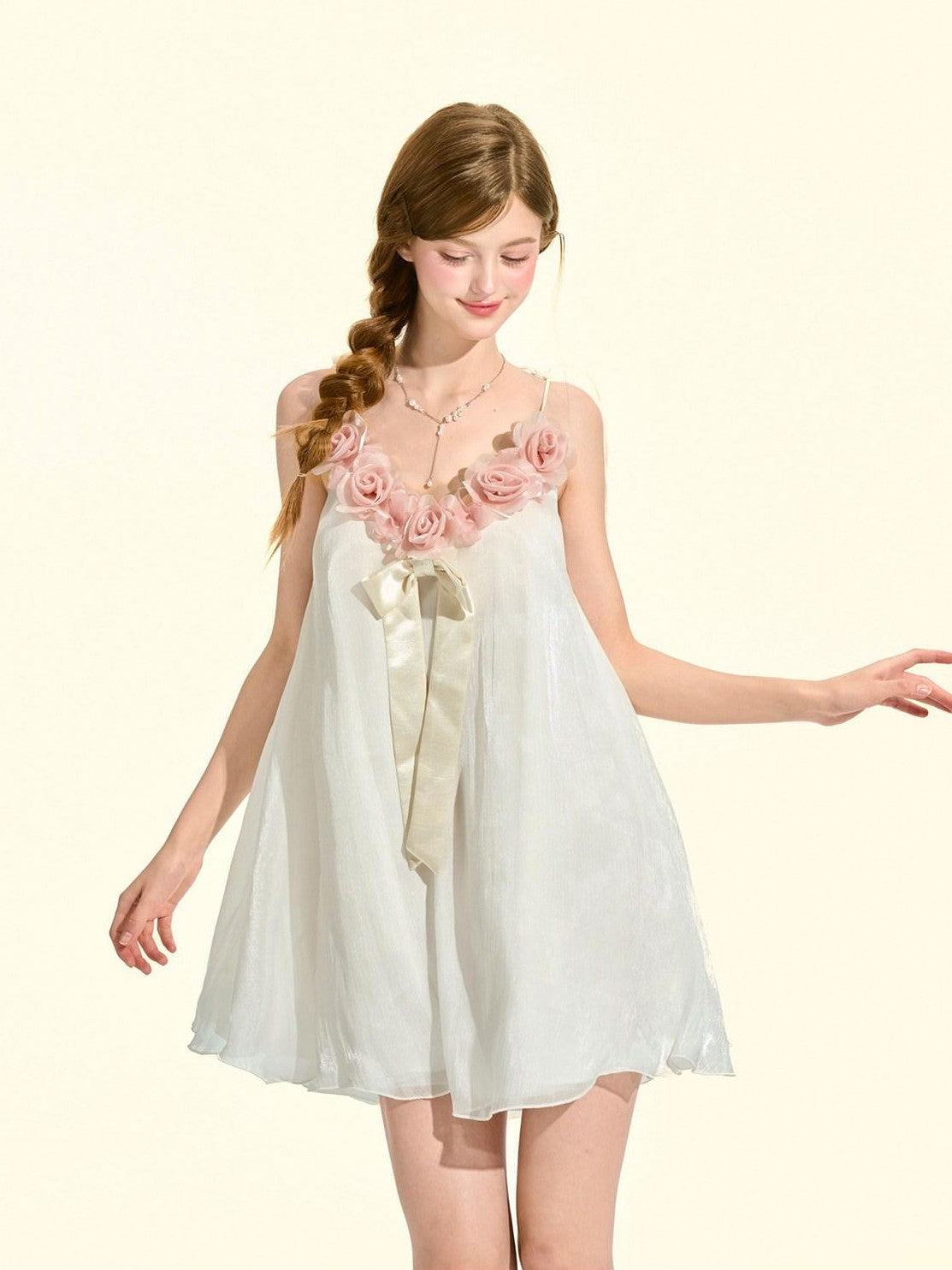 Girly Fancy Club Pearl White 3d Rose Fixed Floral Ribbon A Line Women's Chiffon Slip Mini Dresses