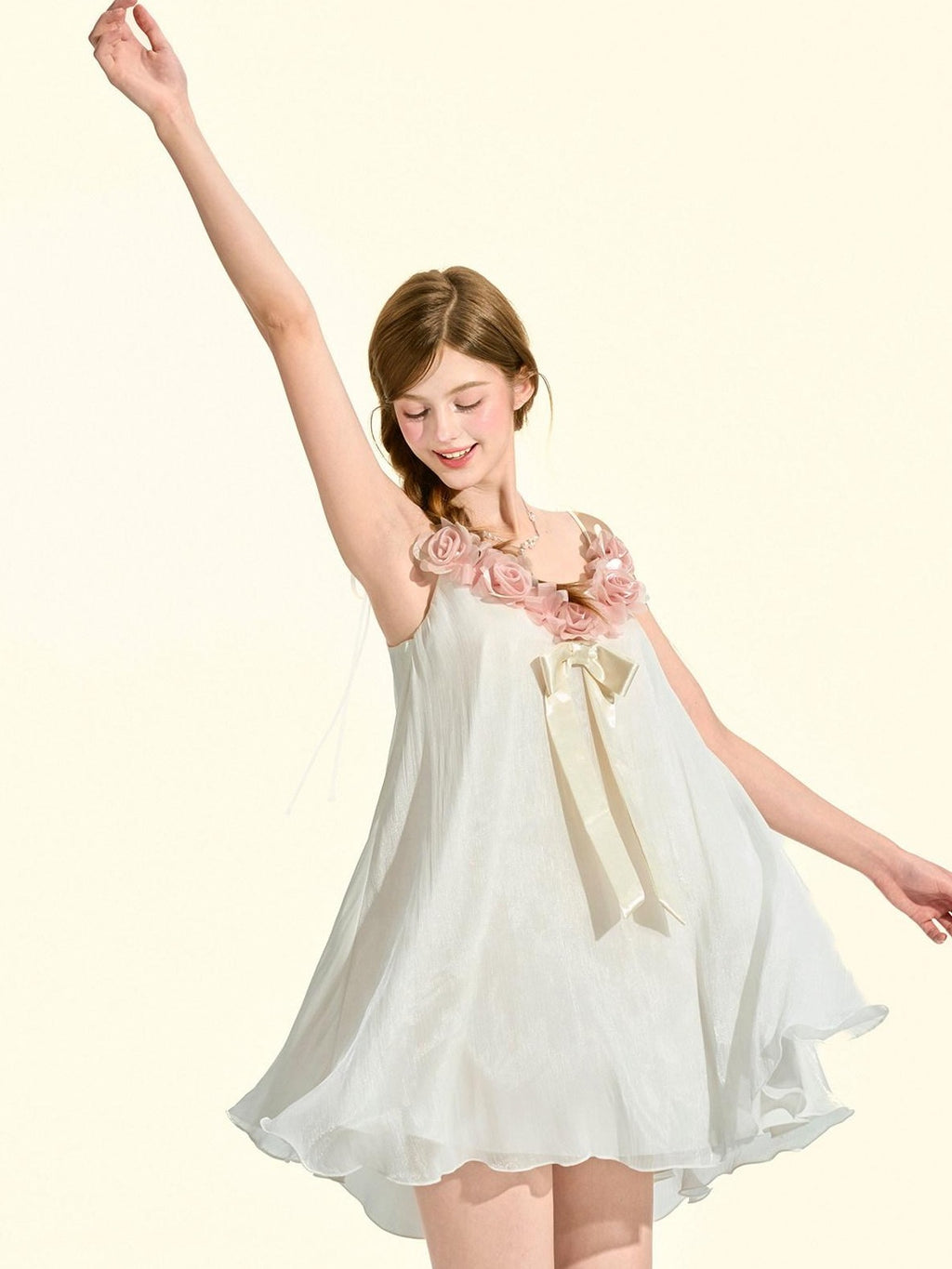 Girly Fancy Club Pearl White 3d Rose Fixed Floral Ribbon A Line Women's Chiffon Slip Mini Dresses