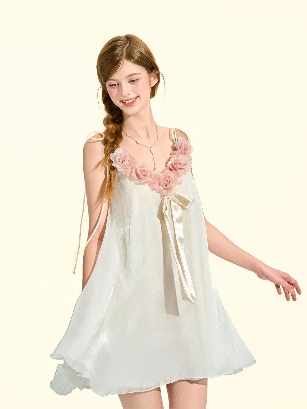 Girly Fancy Club Pearl White 3d Rose Fixed Floral Ribbon A Line Women's Chiffon Slip Mini Dresses