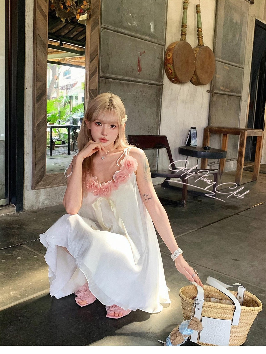 Girly Fancy Club Pearl White 3d Rose Fixed Floral Ribbon A Line Women's Chiffon Slip Mini Dresses