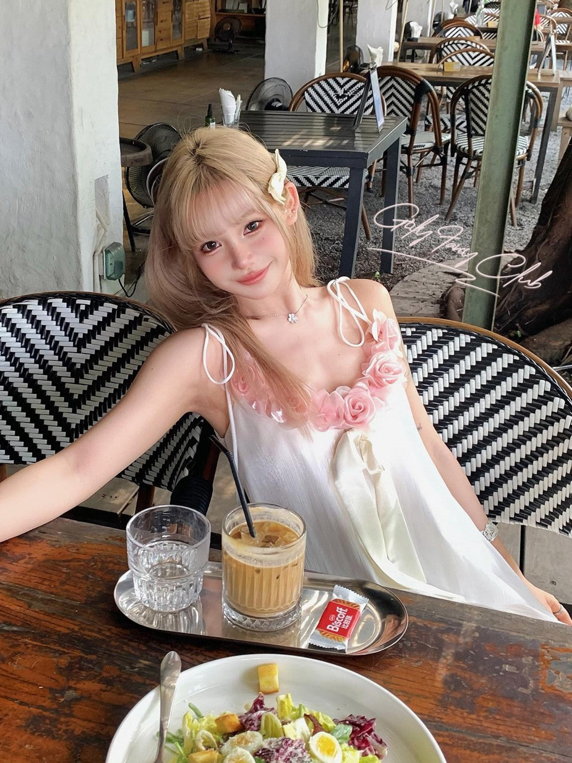 Girly Fancy Club Pearl White 3d Rose Fixed Floral Ribbon A Line Women's Chiffon Slip Mini Dresses