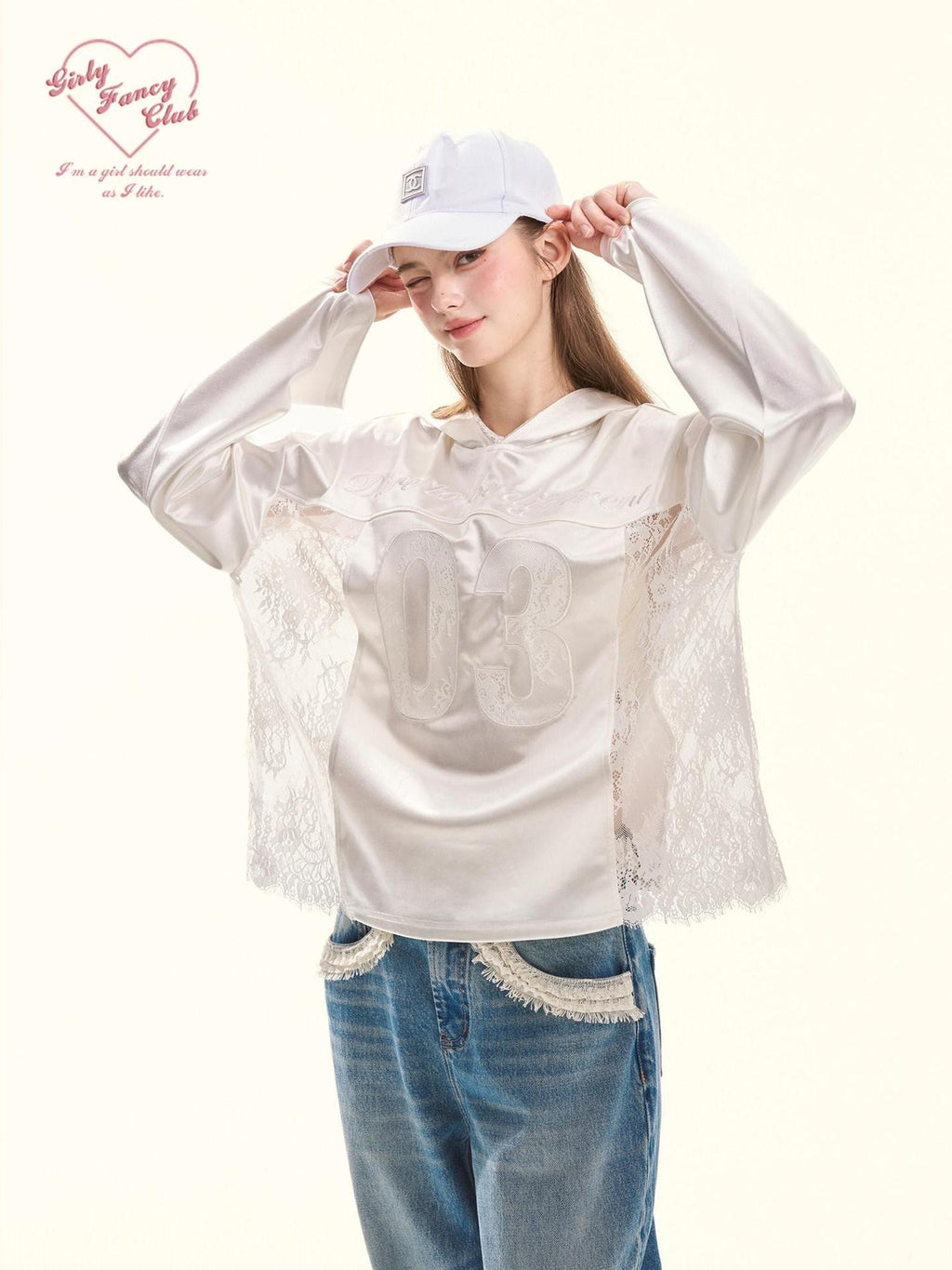 Girly Fancy Club Pearl White Lace Cutout Embroidered Hooded Women's Satin Long Sleeve T-shirts