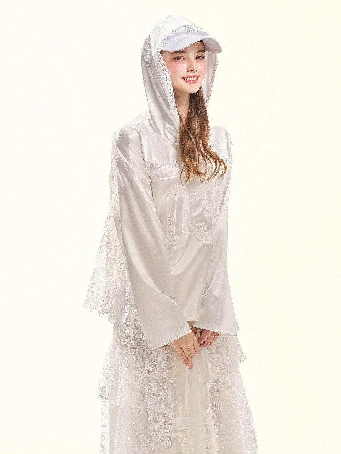 Girly Fancy Club Pearl White Lace Cutout Embroidered Hooded Women's Satin Long Sleeve T-shirts