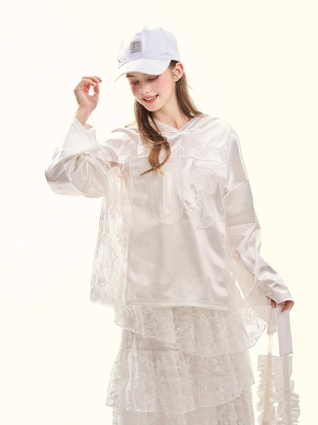 Girly Fancy Club Pearl White Lace Cutout Embroidered Hooded Women's Satin Long Sleeve T-shirts