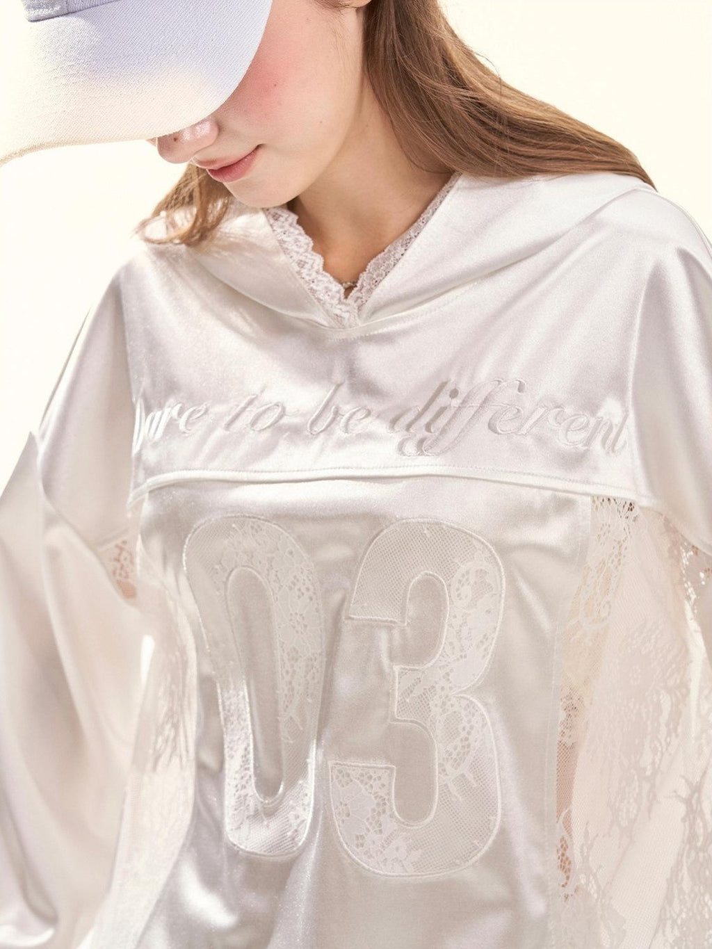 Girly Fancy Club Pearl White Lace Cutout Embroidered Hooded Women's Satin Long Sleeve T-shirts