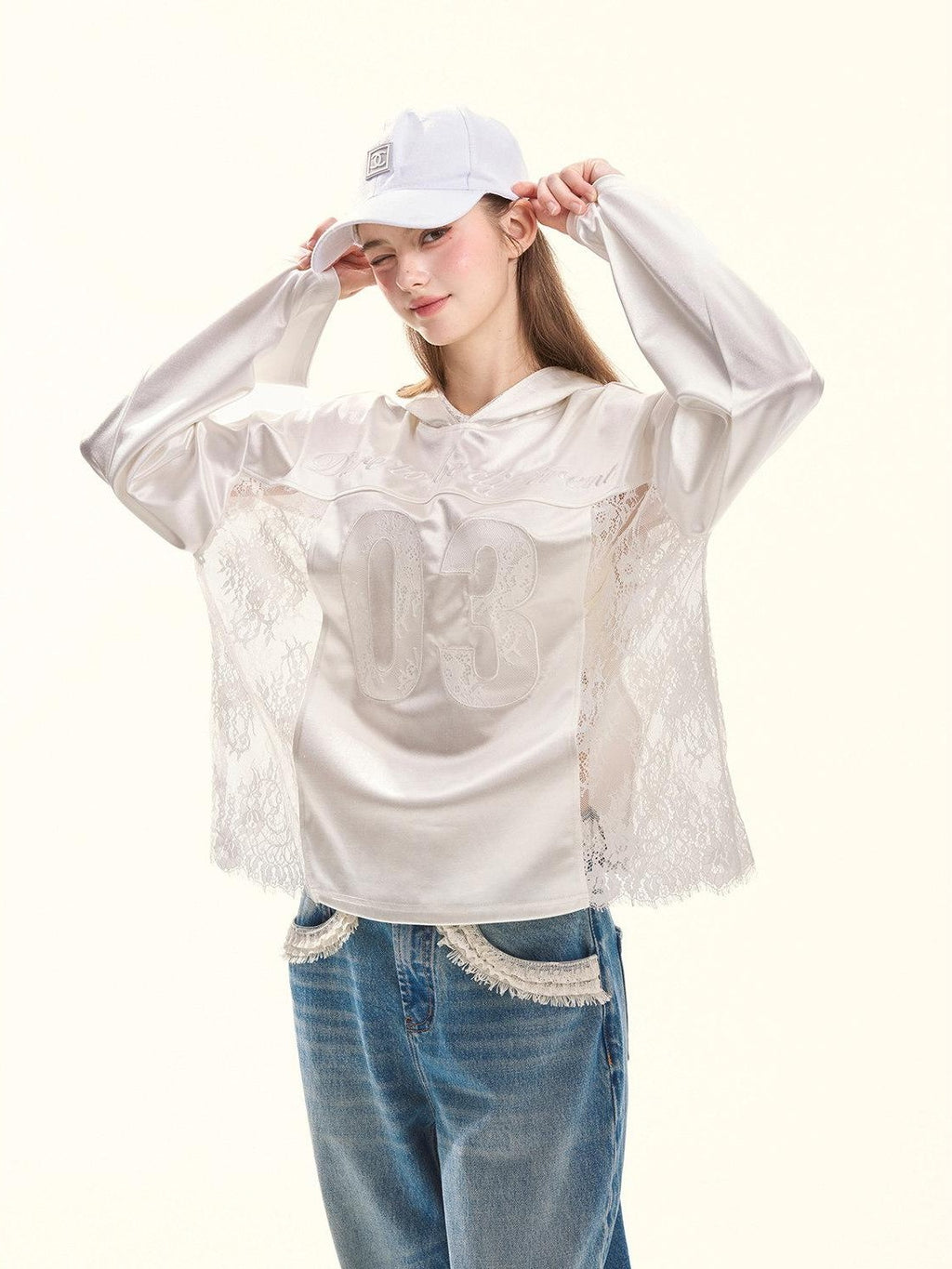 Girly Fancy Club Pearl White Lace Cutout Embroidered Hooded Women's Satin Long Sleeve T-shirts