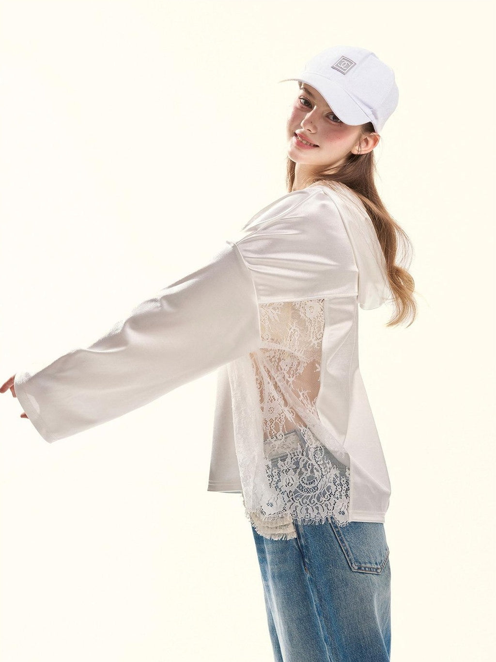 Girly Fancy Club Pearl White Lace Cutout Embroidered Hooded Women's Satin Long Sleeve T-shirts