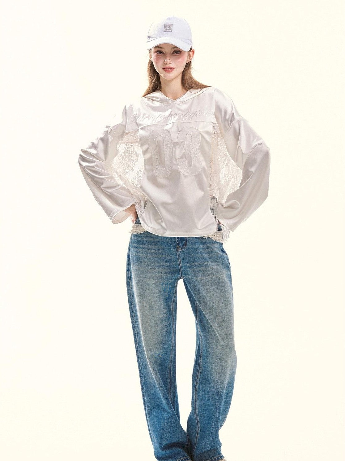 Girly Fancy Club Pearl White Lace Cutout Embroidered Hooded Women's Satin Long Sleeve T-shirts