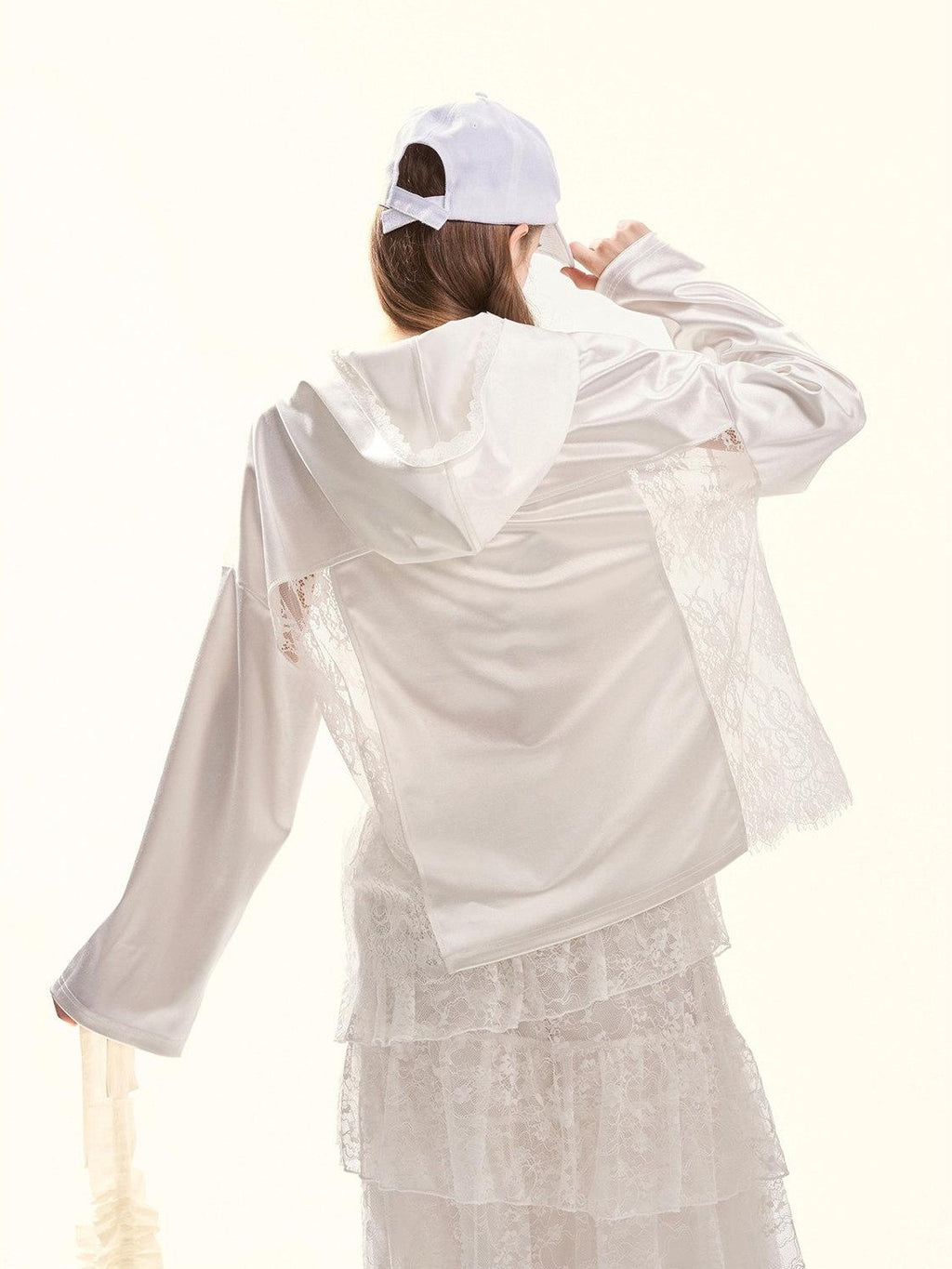 Girly Fancy Club Pearl White Lace Cutout Embroidered Hooded Women's Satin Long Sleeve T-shirts