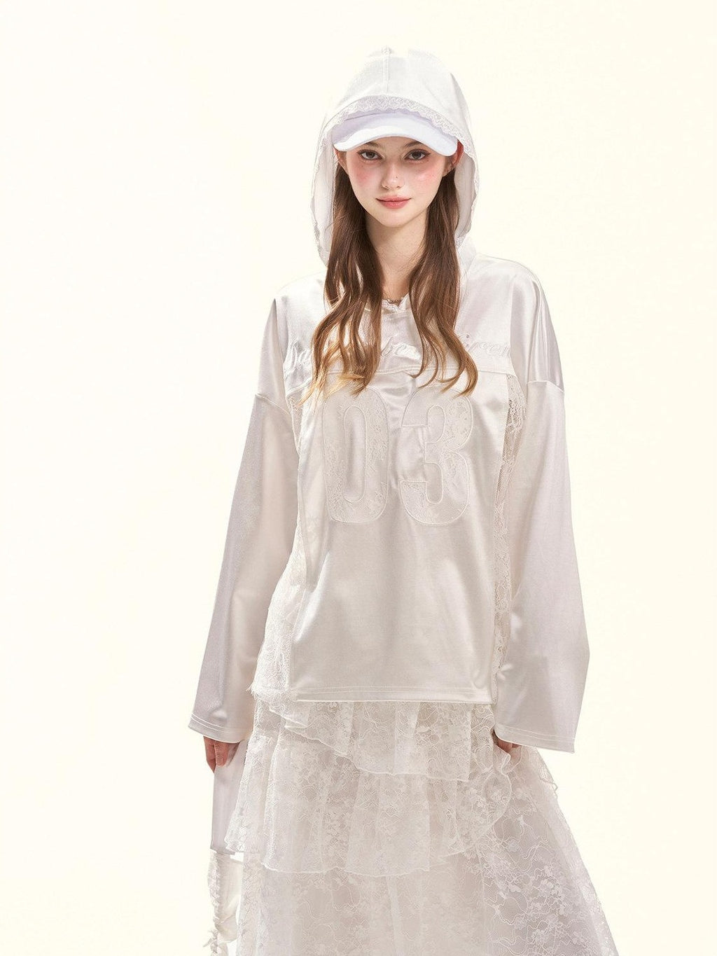 Girly Fancy Club Pearl White Lace Cutout Embroidered Hooded Women's Satin Long Sleeve T-shirts