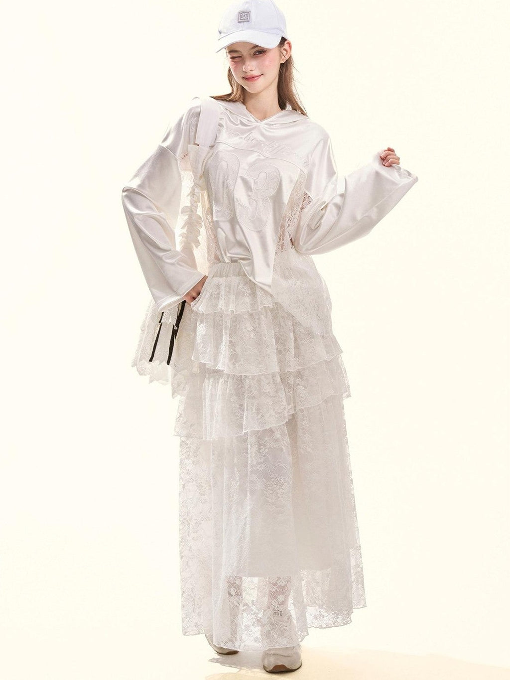 Girly Fancy Club Pearl White Lace Cutout Embroidered Hooded Women's Satin Long Sleeve T-shirts