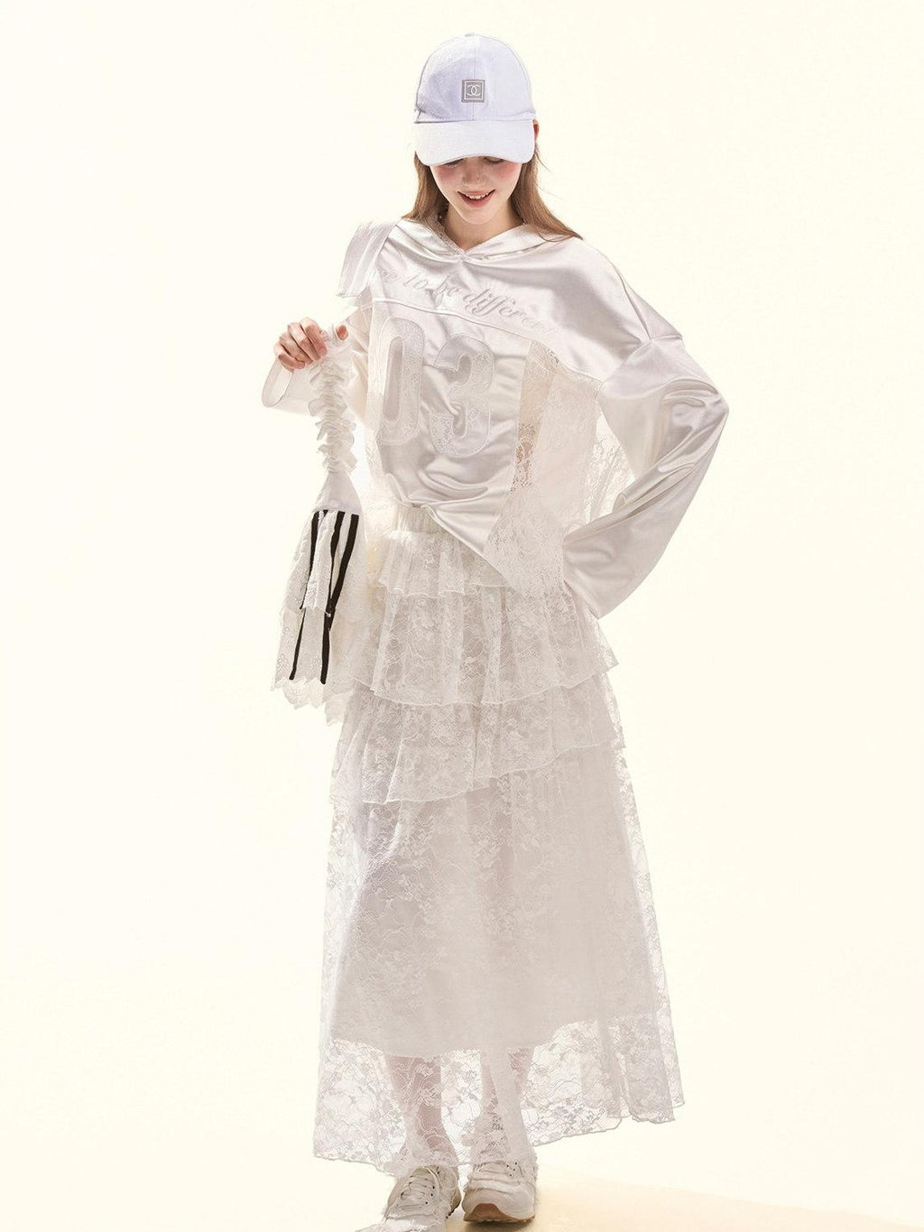 Girly Fancy Club Pearl White Lace Cutout Embroidered Hooded Women's Satin Long Sleeve T-shirts