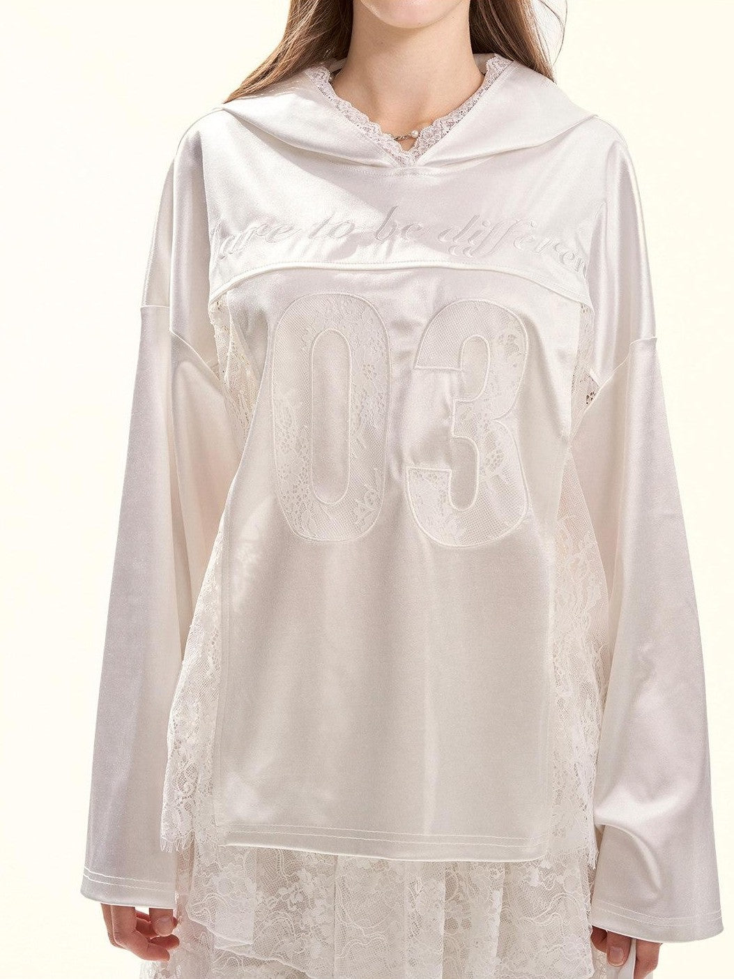 Girly Fancy Club Pearl White Lace Cutout Embroidered Hooded Women's Satin Long Sleeve T-shirts