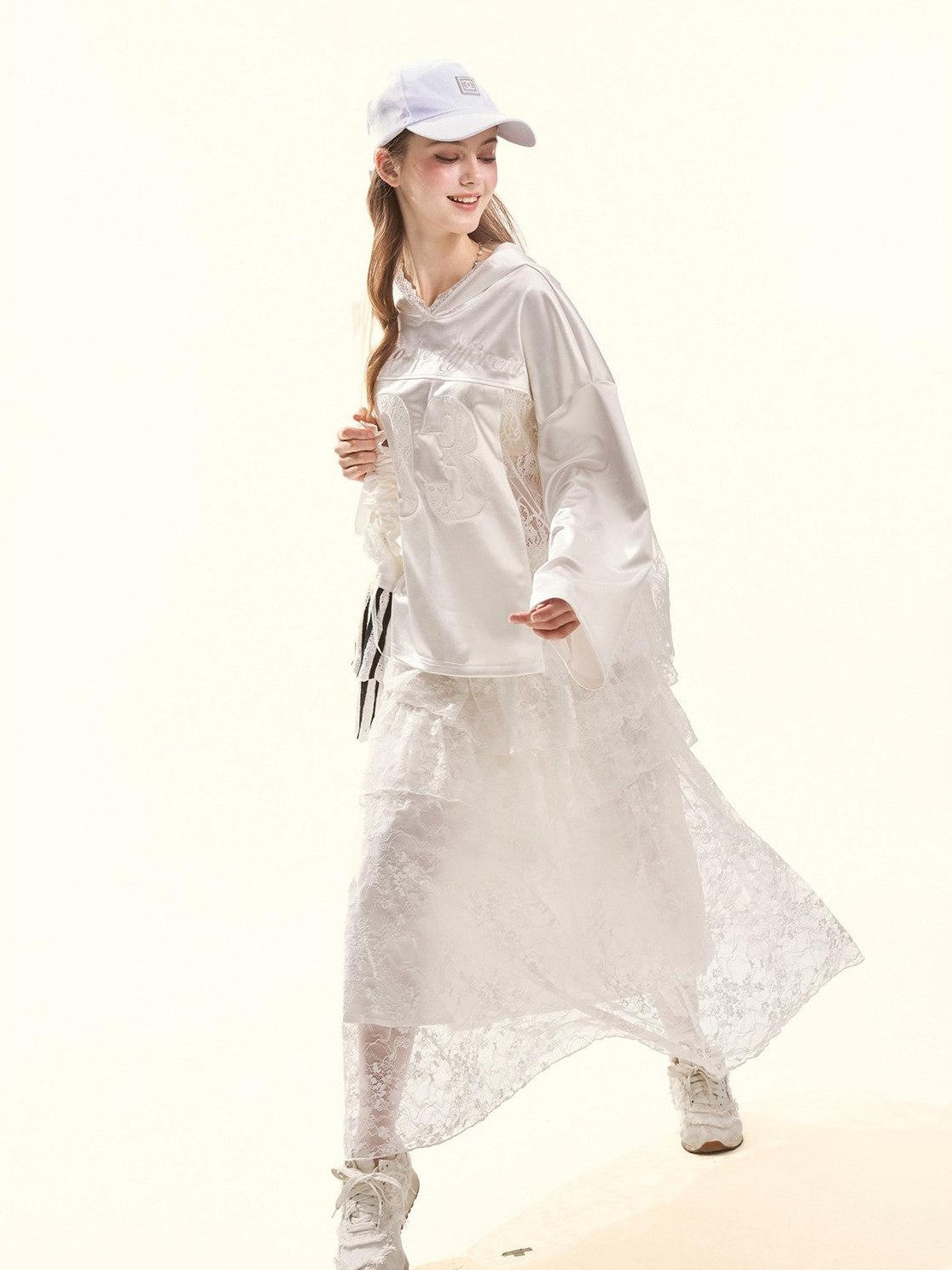 Girly Fancy Club Pearl White Lace Cutout Embroidered Hooded Women's Satin Long Sleeve T-shirts