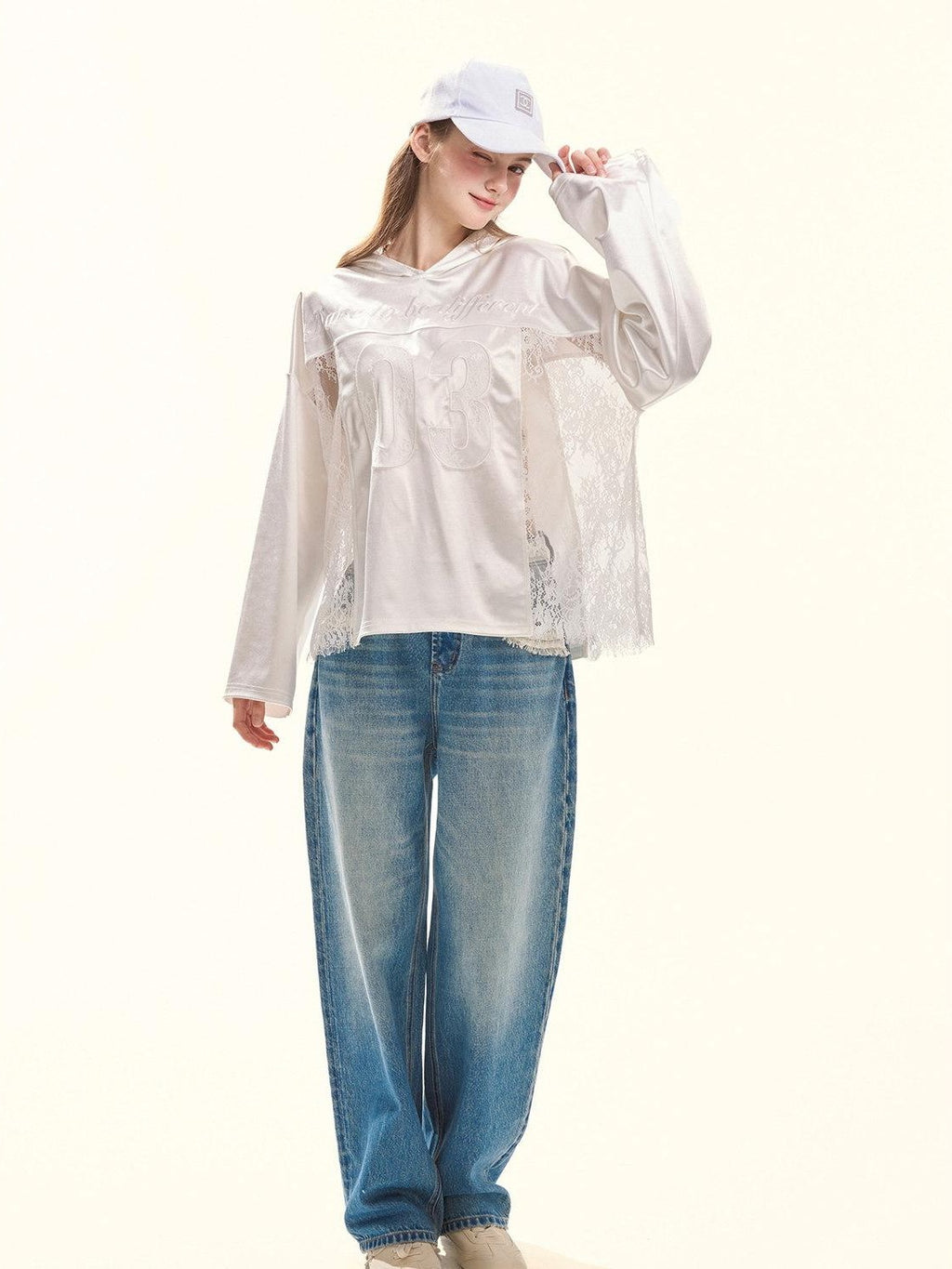 Girly Fancy Club Pearl White Lace Cutout Embroidered Hooded Women's Satin Long Sleeve T-shirts