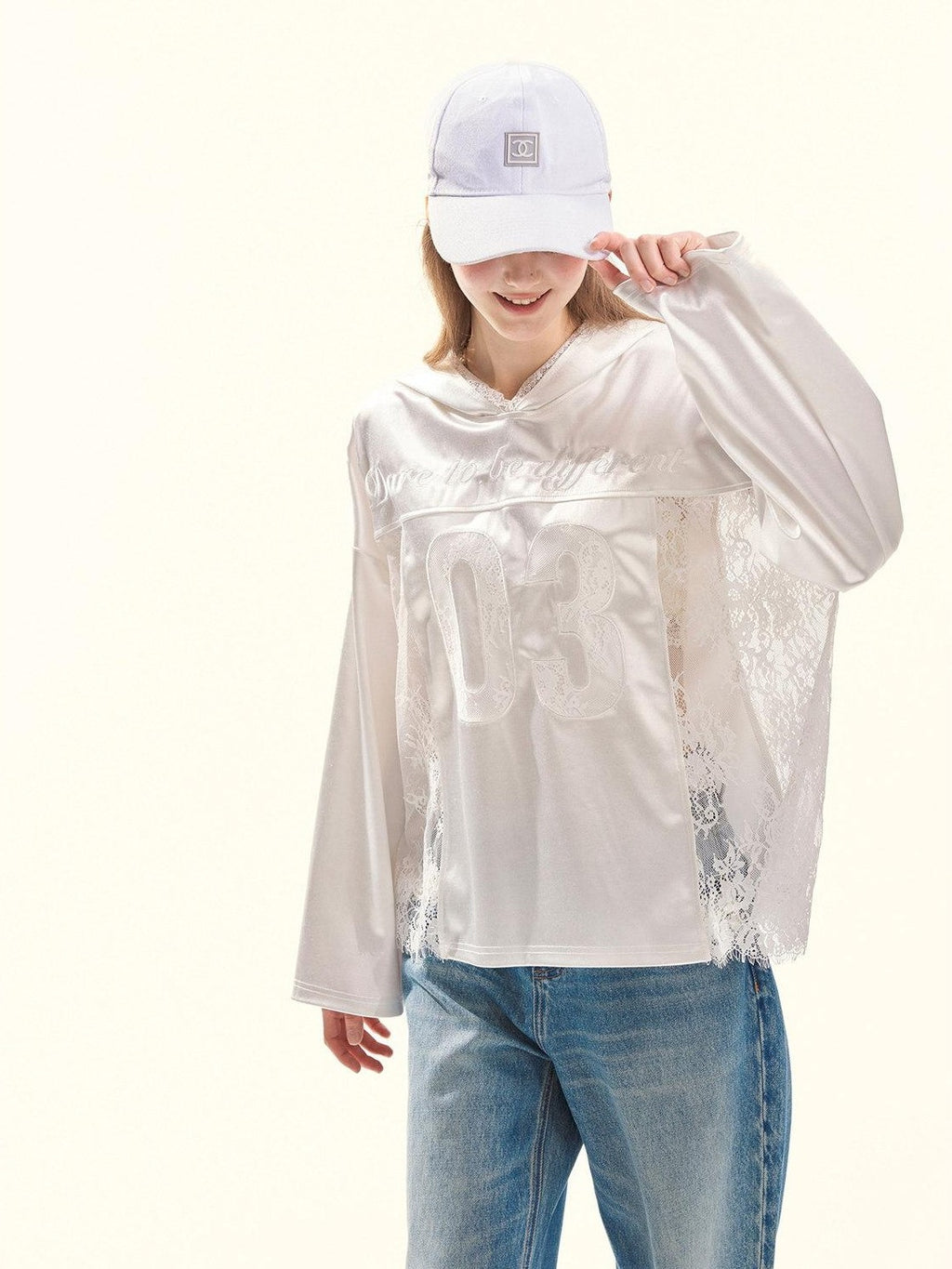Girly Fancy Club Pearl White Lace Cutout Embroidered Hooded Women's Satin Long Sleeve T-shirts